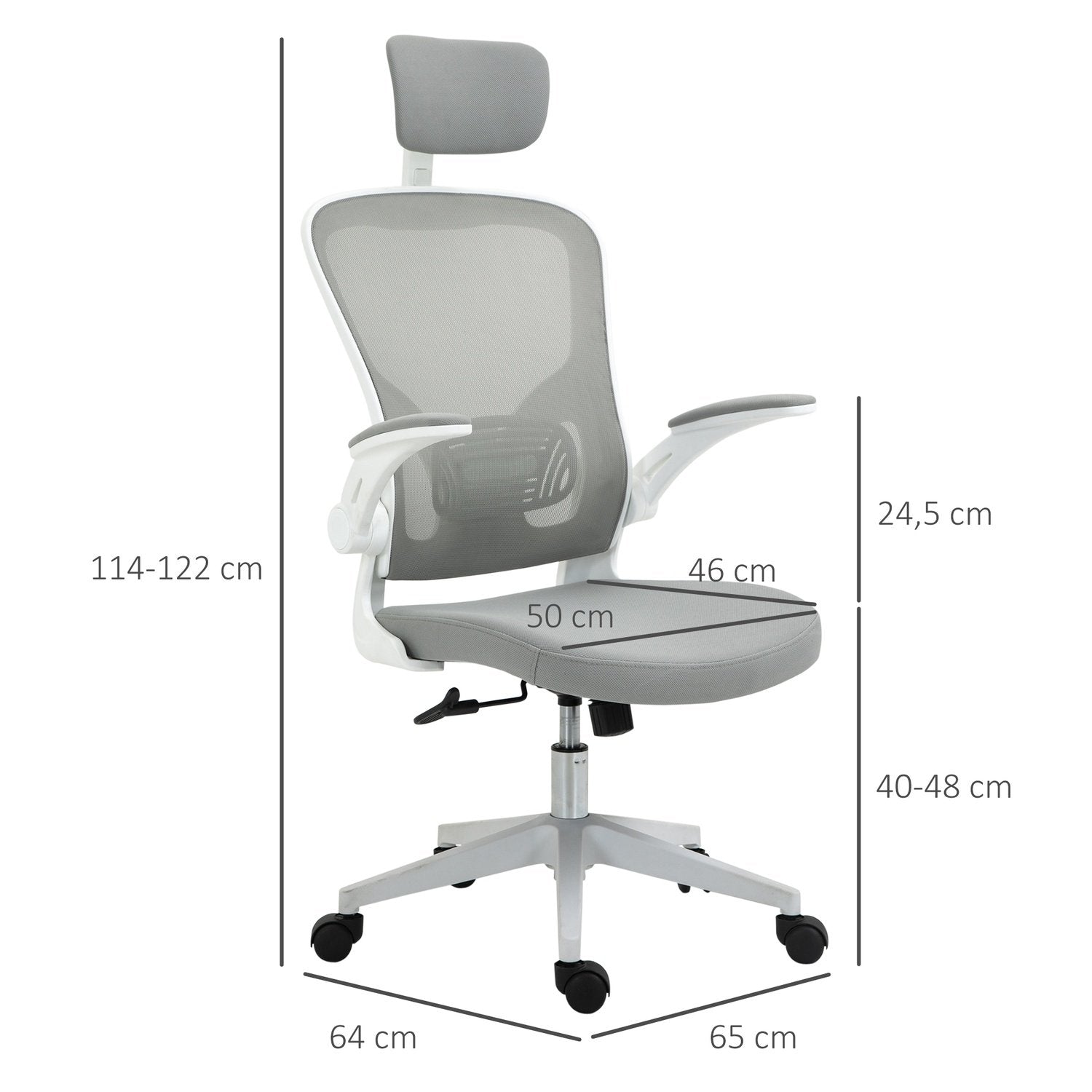 Kontorstol Ergonomisk stol med vippefunktion Høj ryglæn til nakkestøtte, foldbar Grå 65 X 64 X 114-122 Cm