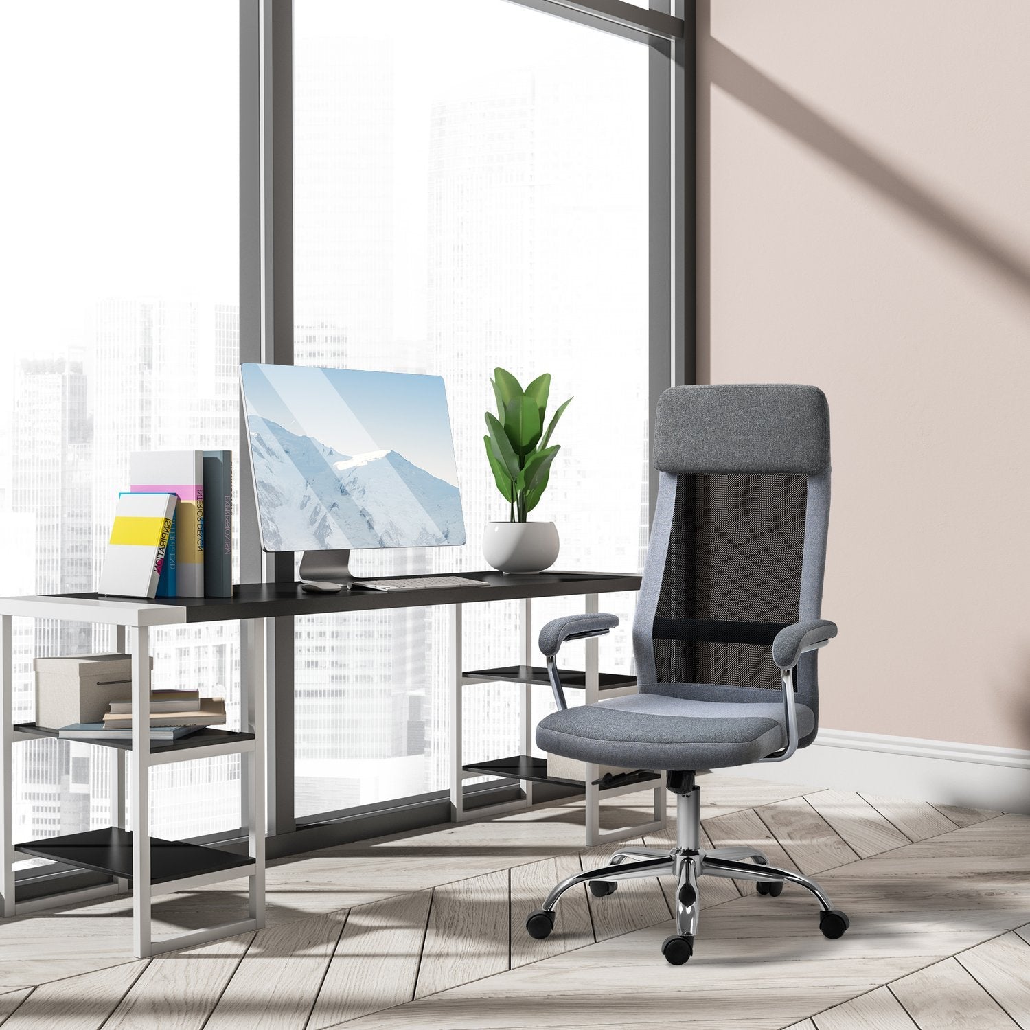 Kontorstol Ergonomisk computerstol Højdejusterbar nakkestøtte Nordic Style Lysegrå + Sort 65X67X119-129Cm