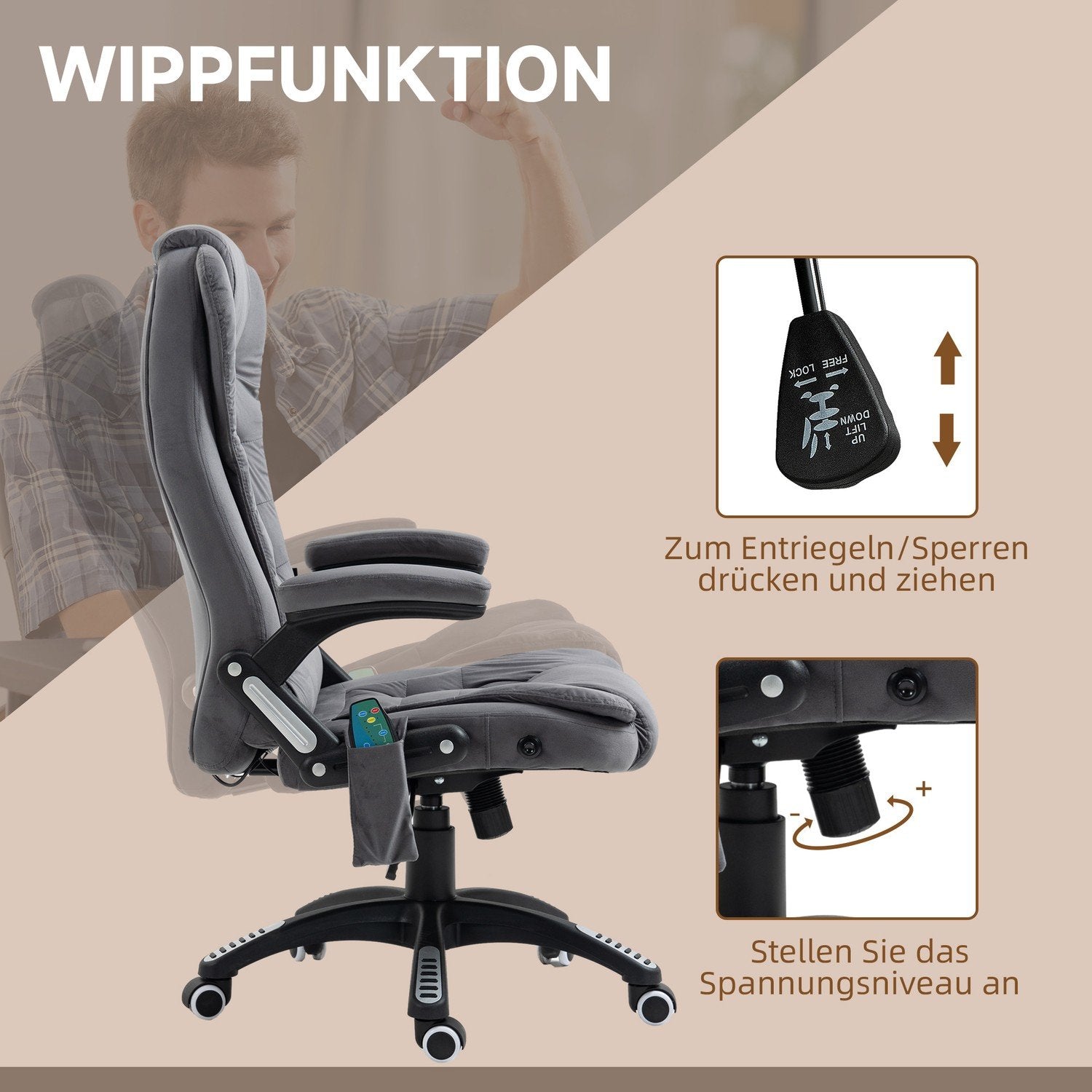 Kontorstol Vippefunktion Massagestol Varmefunktion Ergonomisk Højdejusterbar 120Kg bæreevne Mørkegrå