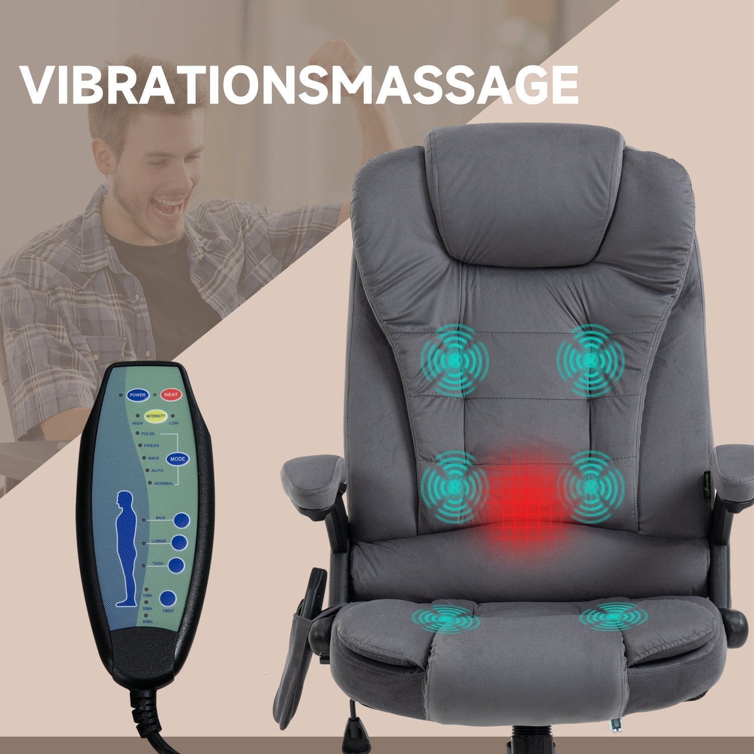 Kontorstol Vippefunktion Massagestol Varmefunktion Ergonomisk Højdejusterbar 120Kg bæreevne Mørkegrå