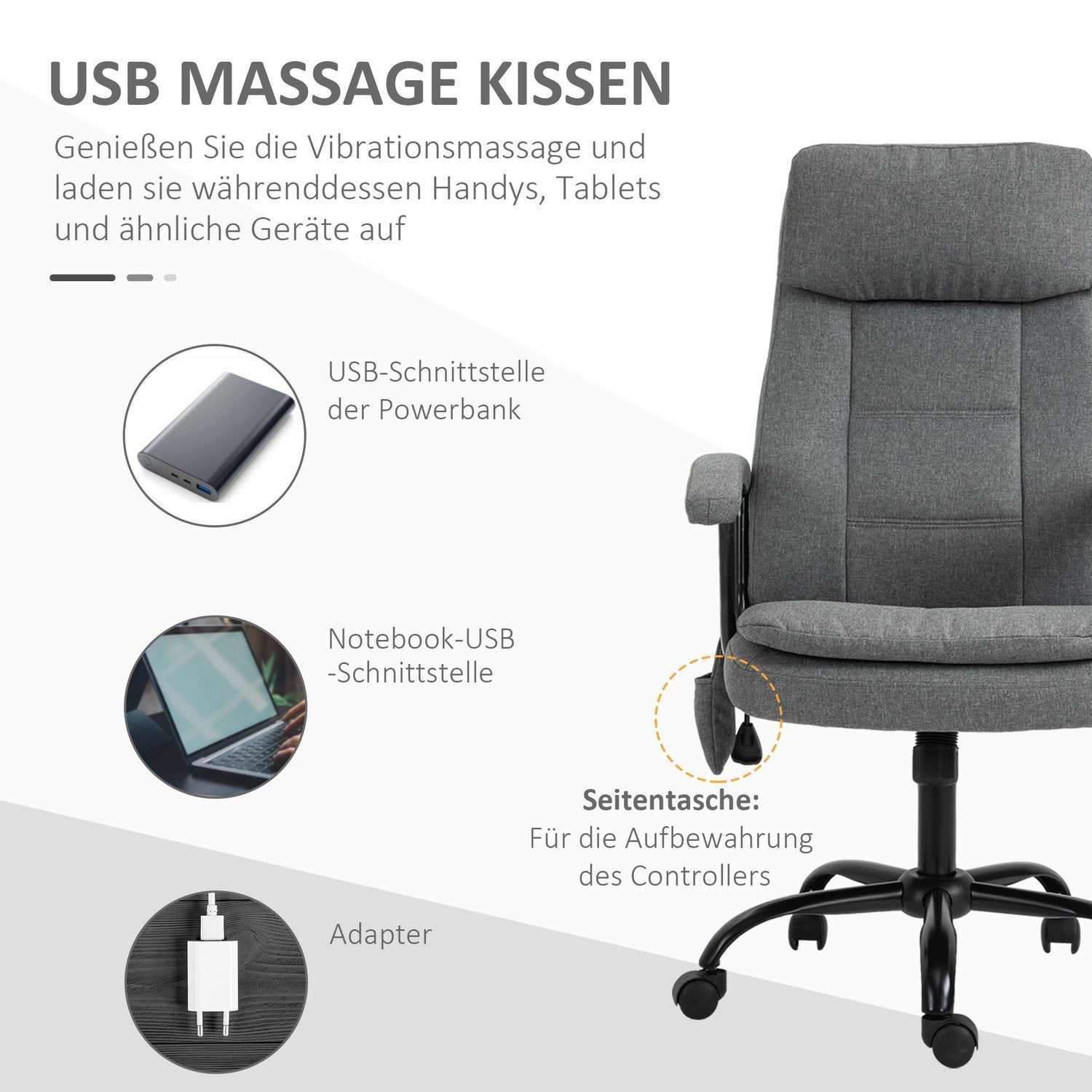 Kontorstol Ergonomisk spillestol med massage og lændemassage, højdejusterbar, hørfornemmelse, grå, 63X70X112-121Cm