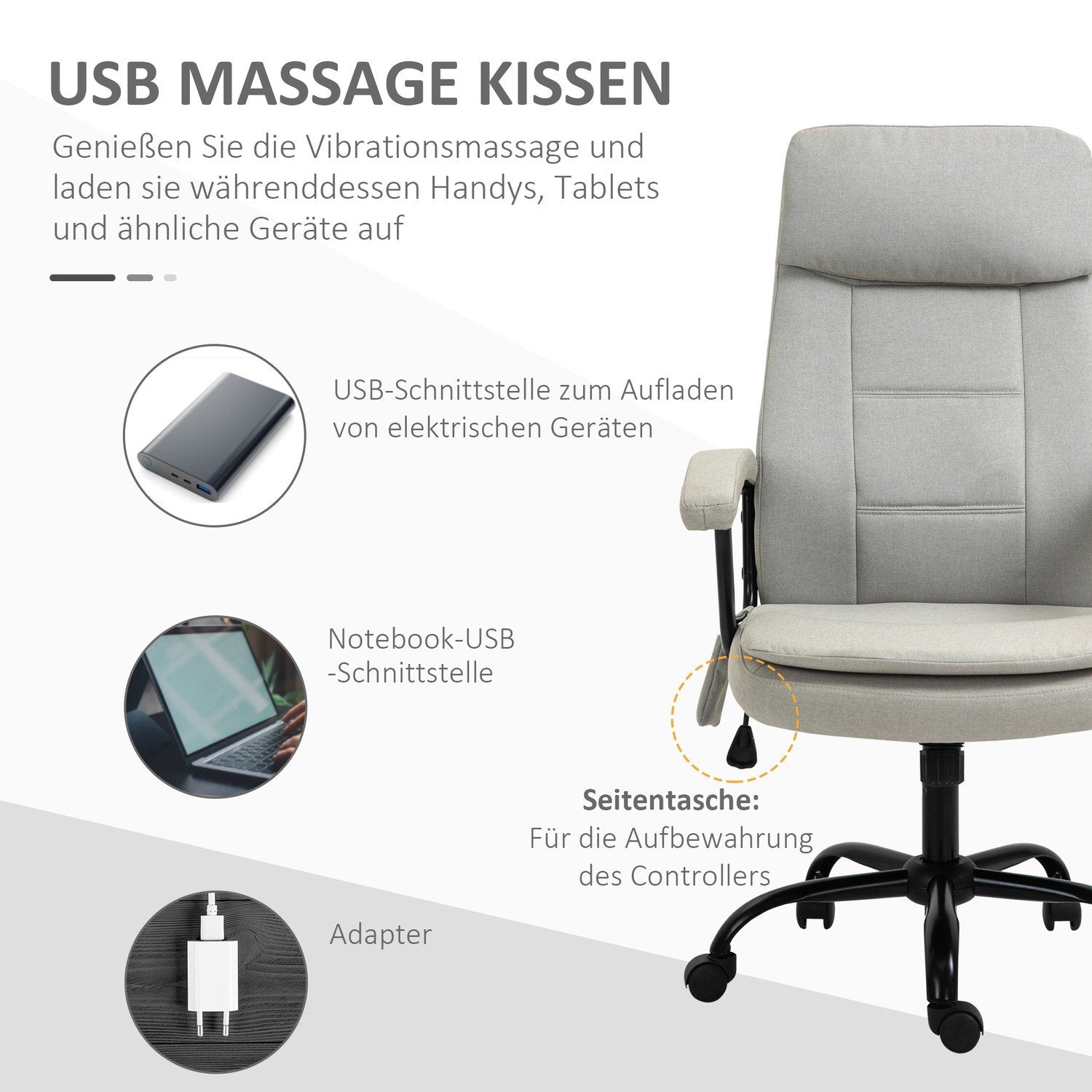 Kontorstol Komfortabel spillestol med spinalmassage, drejestol, højdejusterbar, hørfornemmelse, beige, 63X70X112-121Cm