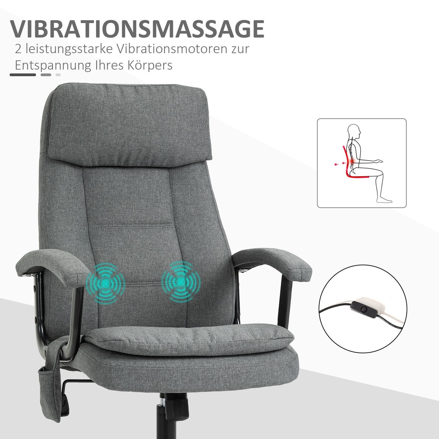 Kontorstol Ergonomisk spillestol med massage og lændemassage, højdejusterbar, hørfornemmelse, grå, 63X70X112-121Cm