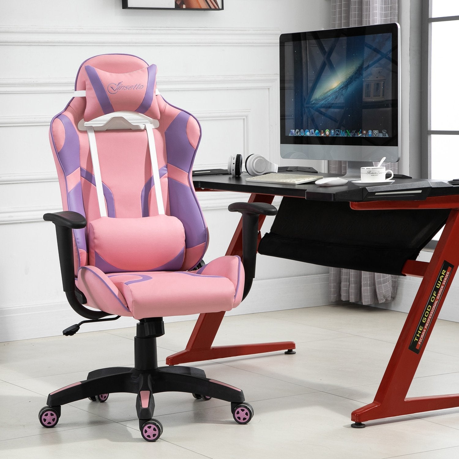 Gaming Chair Ergonomisk Kontorsstol, Snurrstol, Justerbar Massage Svankkudde, Höjdjusterbar, Rosa & Lila, 69X56X125,5Cm