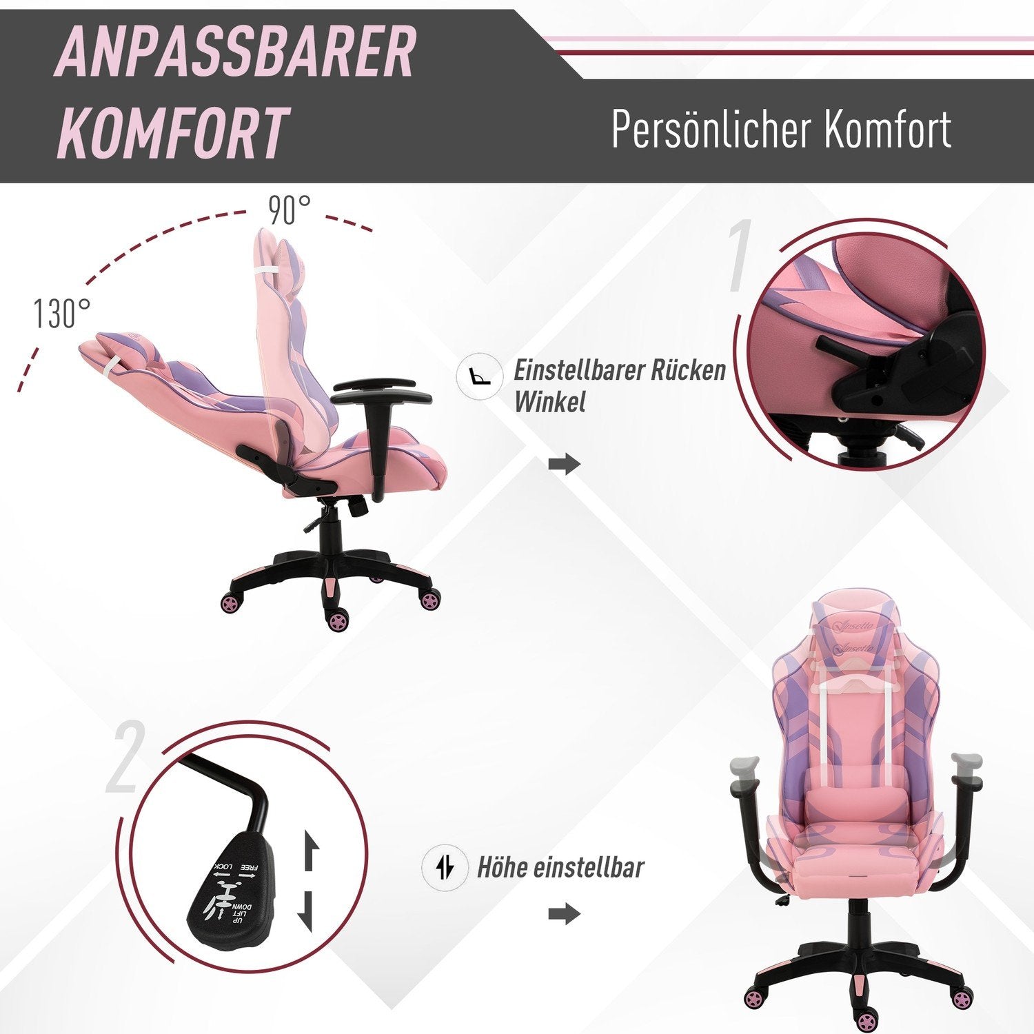 Gaming Chair Ergonomisk Kontorsstol, Snurrstol, Justerbar Massage Svankkudde, Höjdjusterbar, Rosa & Lila, 69X56X125,5Cm