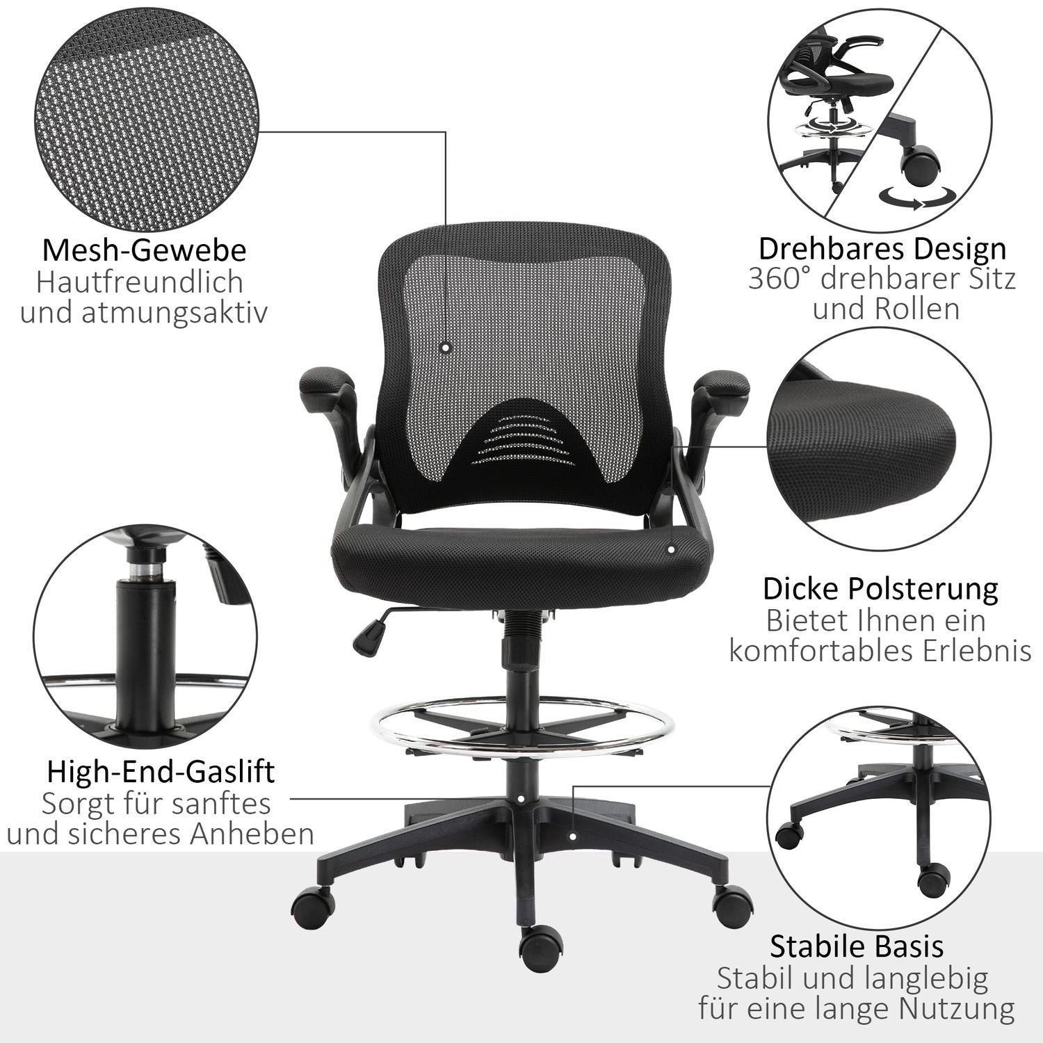 Skrivebordsstol Ergonomisk kontorstol Drejestol 360° med justerbar fodring Belastningskapacitet Op til 120 Kg Mesh Sort 106-126 Cm