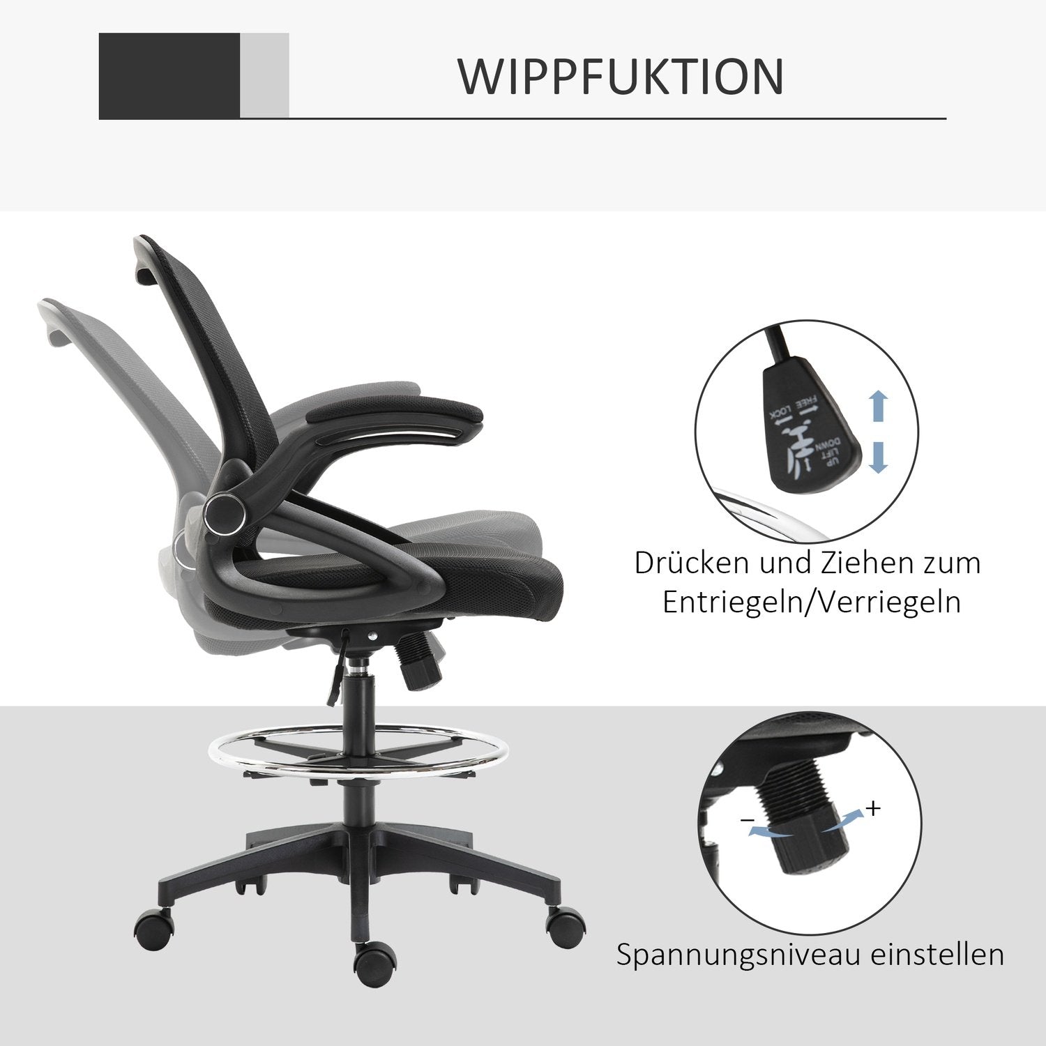 Skrivebordsstol Ergonomisk kontorstol Drejestol 360° med justerbar fodring Belastningskapacitet Op til 120 Kg Mesh Sort 106-126 Cm