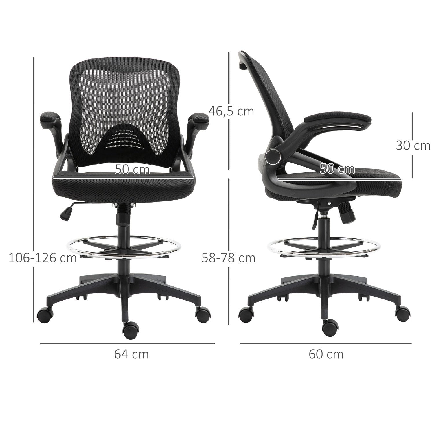 Skrivebordsstol Ergonomisk kontorstol Drejestol 360° med justerbar fodring Belastningskapacitet Op til 120 Kg Mesh Sort 106-126 Cm