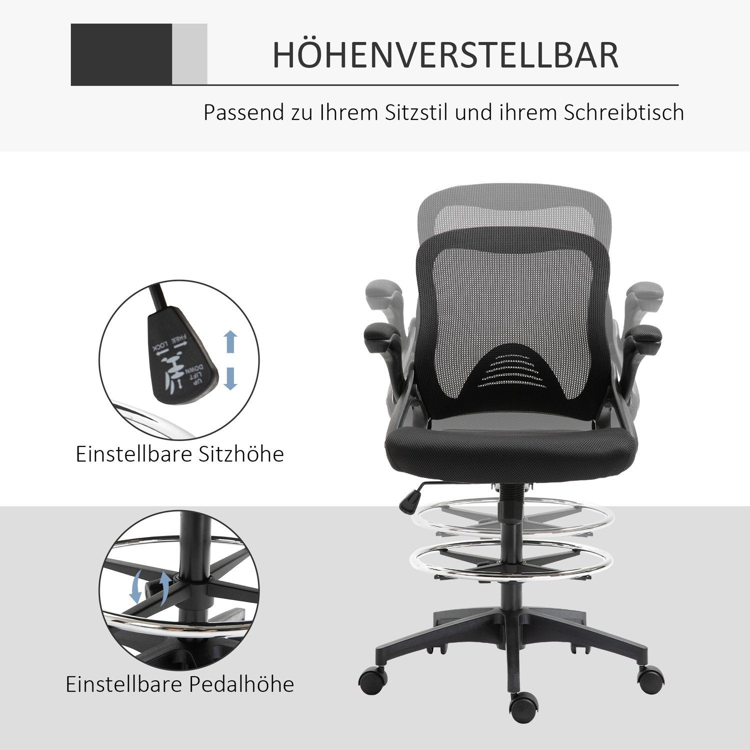 Skrivebordsstol Ergonomisk kontorstol Drejestol 360° med justerbar fodring Belastningskapacitet Op til 120 Kg Mesh Sort 106-126 Cm