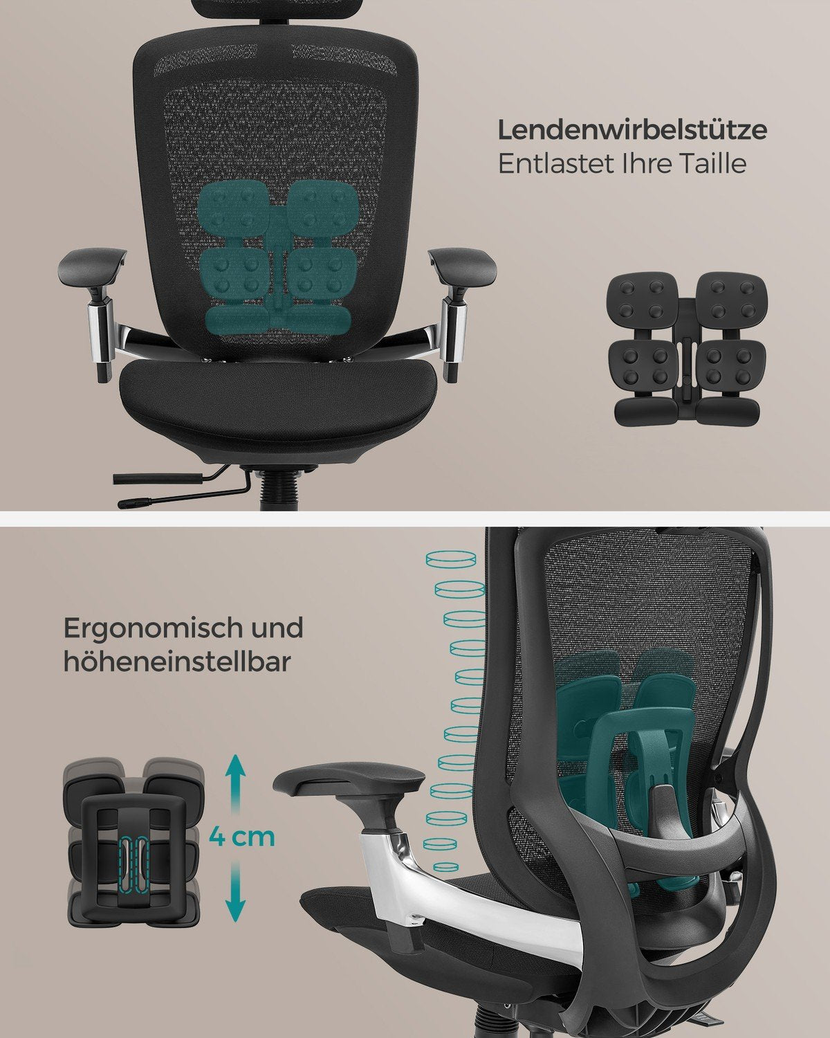 Ergonomisk kontorstol i mesh med justerbar lændestøtte