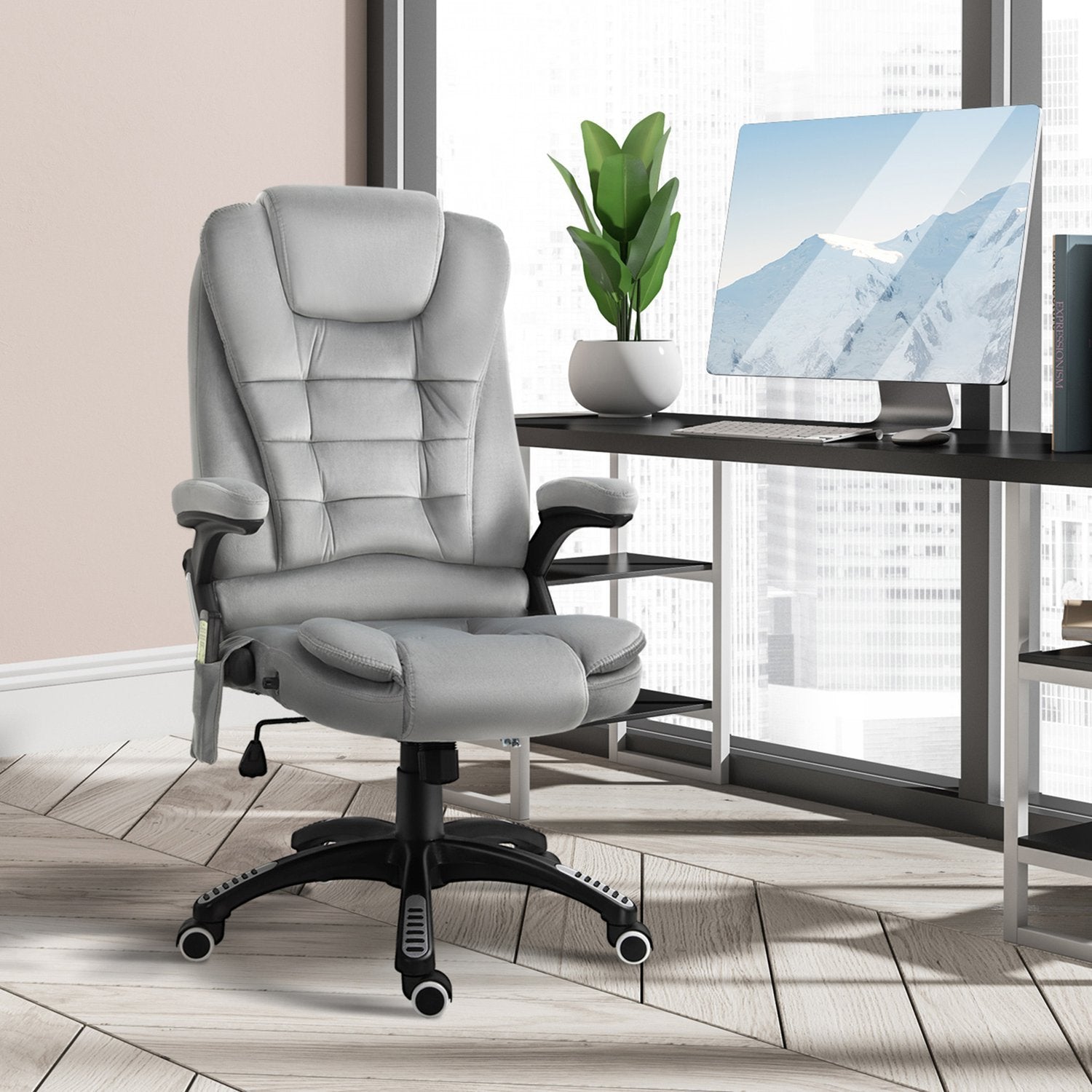 Massagestol Kontorstol, Spillestol, Hævet og sænket Executive Chair, Ergonomisk, Pu-hjul, Grå, 67X74X107-116 Cm