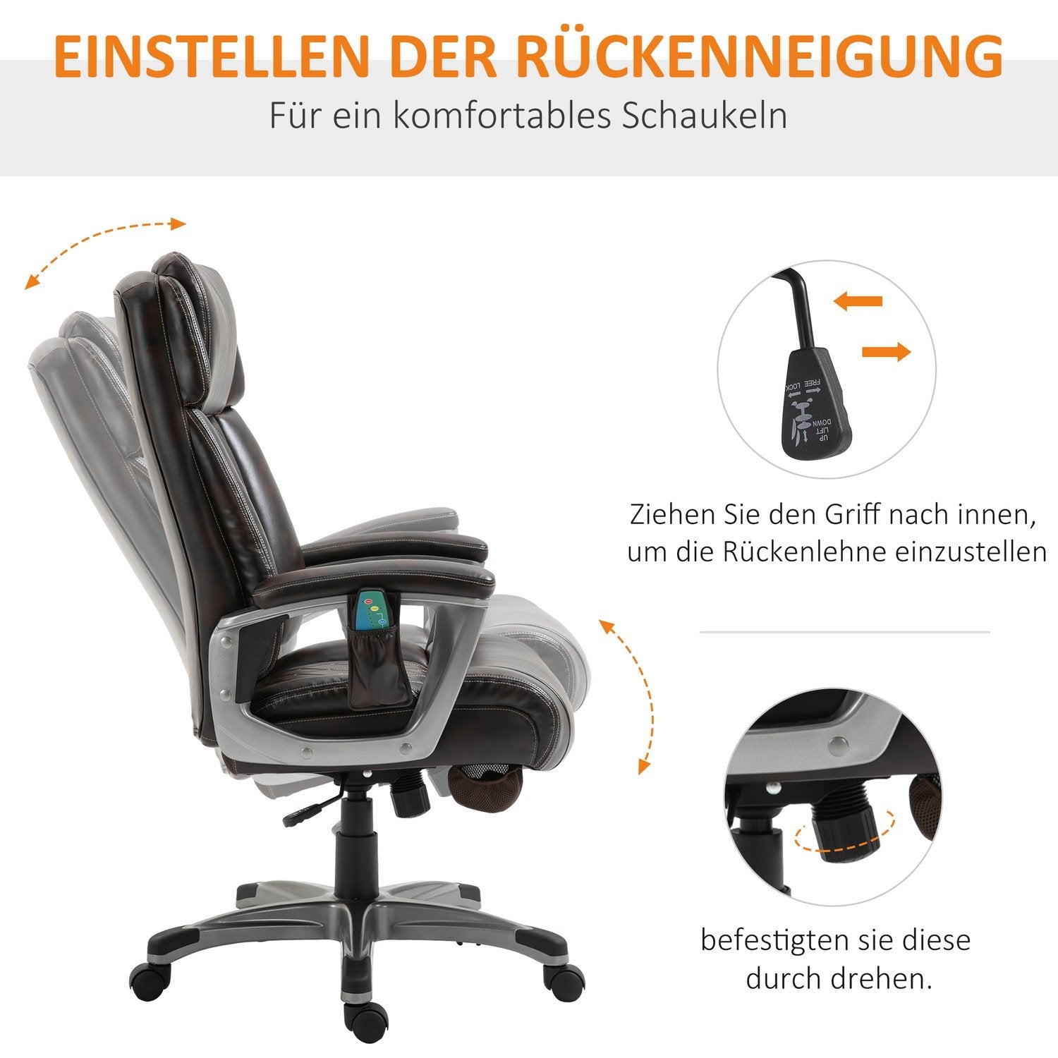 Kontorstol Drejestol med 6 massagepunkter Ergonomisk med buet nakkestøtte og armlæn Kunstlæder Brun 70 X 76,5 X 114-124 Cm