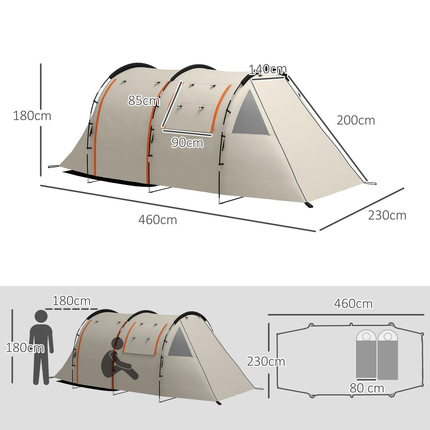 Tunneltelt Campingtelt 5 personers familietelt 2 værelses sidevindue bæretaske 3000 mm Have Khaki