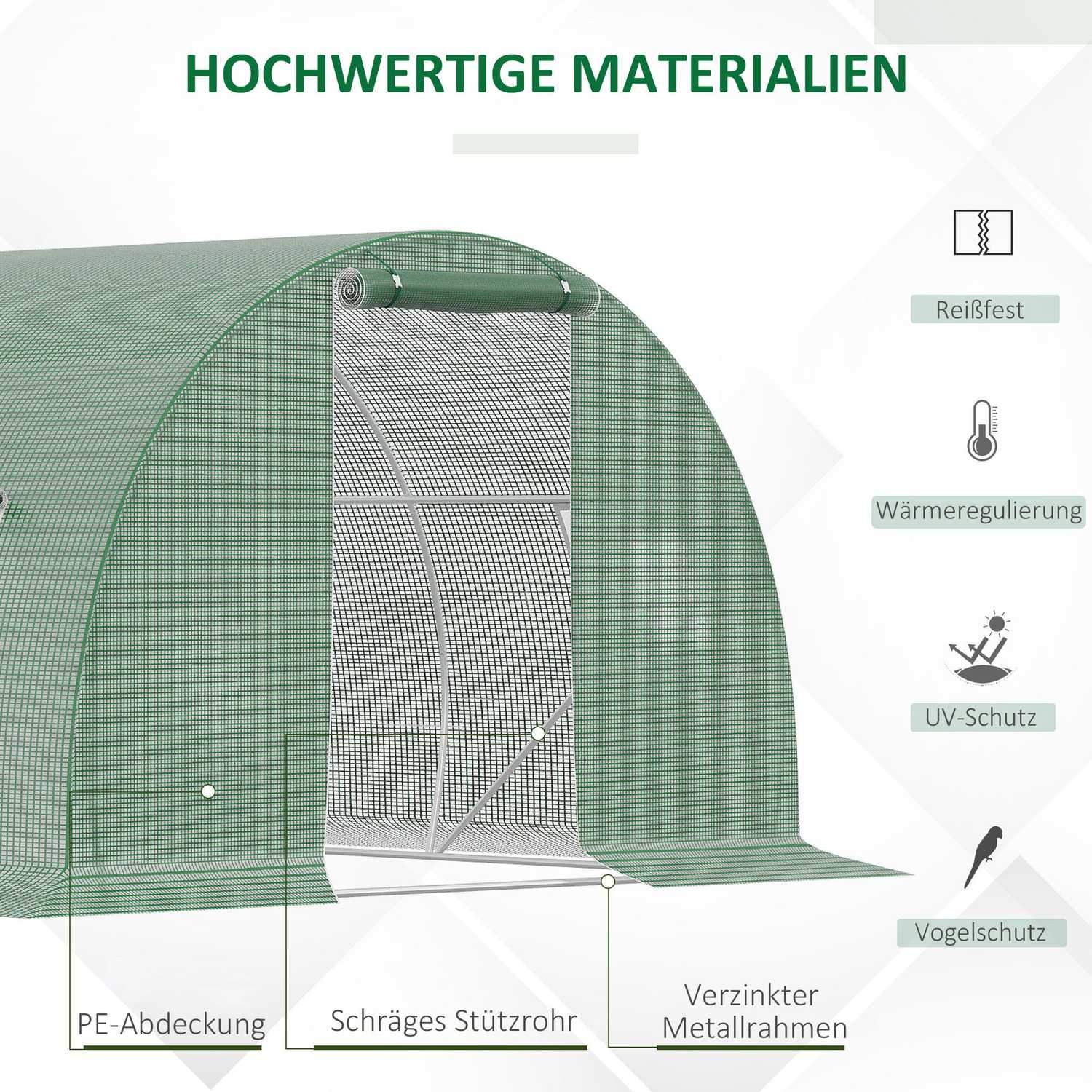 Film Drivhus Polytunnel 4,5X3M Walk-In, 6 Vinduer, Frostbeskyttelse, Stålrør, Mørkegrøn