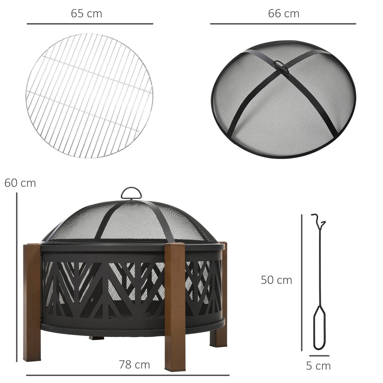 Ildskål 2-i-1 ildkurv med gnistbeskyttelse og grillrist, havegrill, sort+brun, Ф78X60H Cm