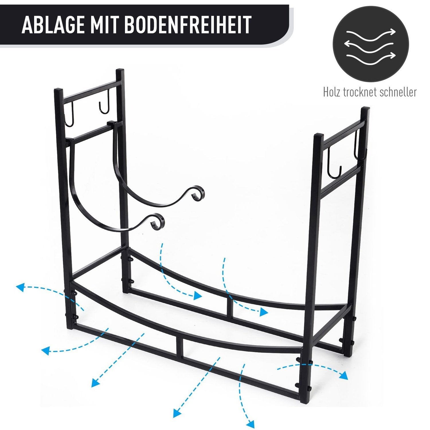 Brændestativ Træstativ Træhylde Med 4 Kroge 2 Lag Metal Sort 84 X 33 X 76 Cm