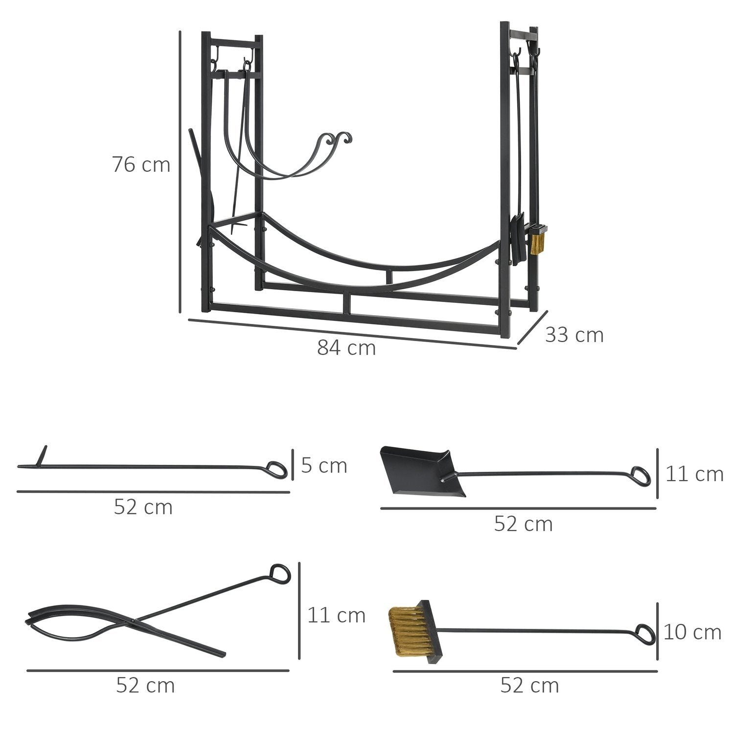 Brændestativ Træstativ Træhylde Med 4 Kroge 2 Lag Metal Sort 84 X 33 X 76 Cm