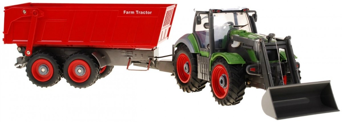 Fjernstyret traktor med trailer, lift og sving, skala 1:28