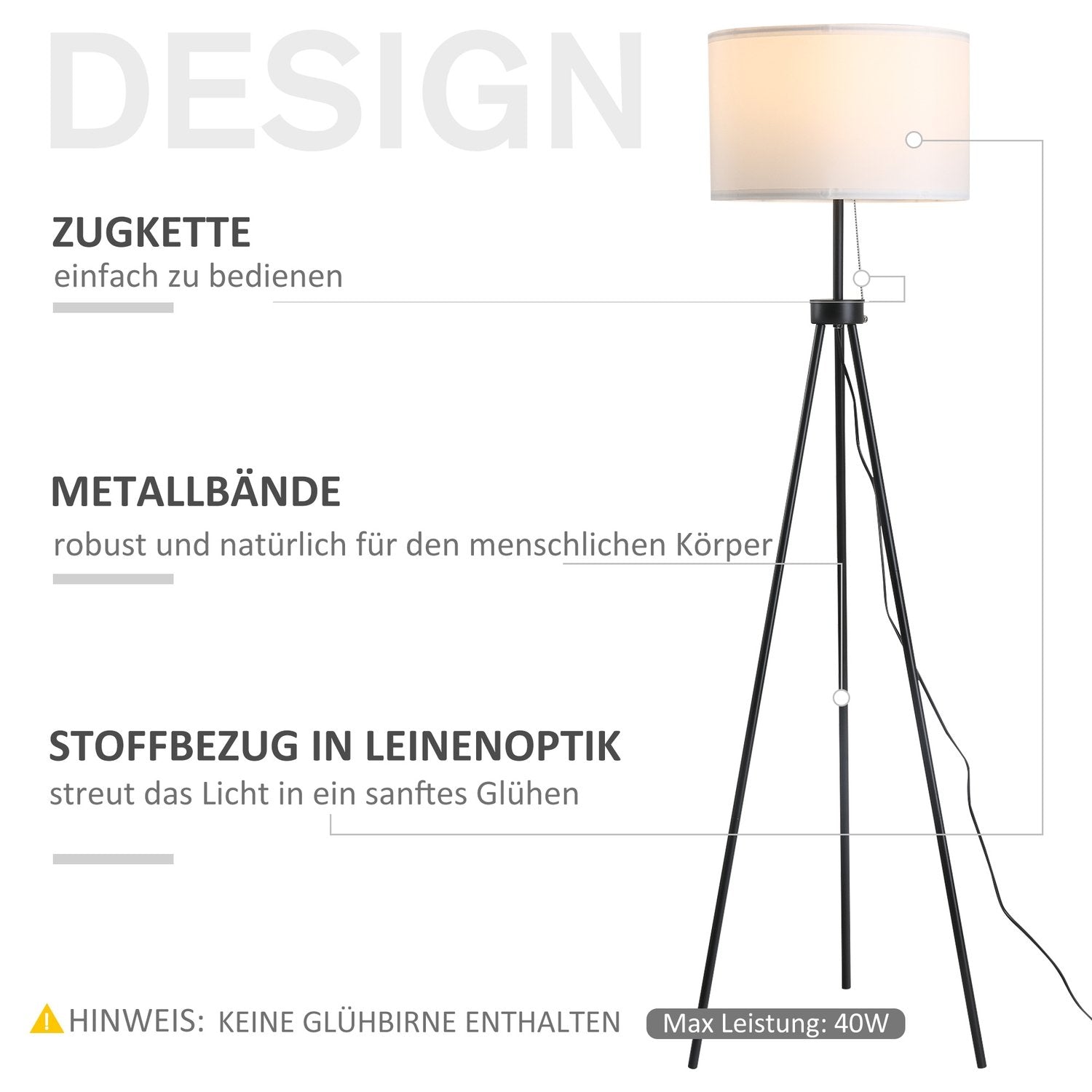 Gulvlampe Moderne Gulvlampe E27, Stål &amp; Polyester, Sort &amp; Hvid, 37X37X152Cm