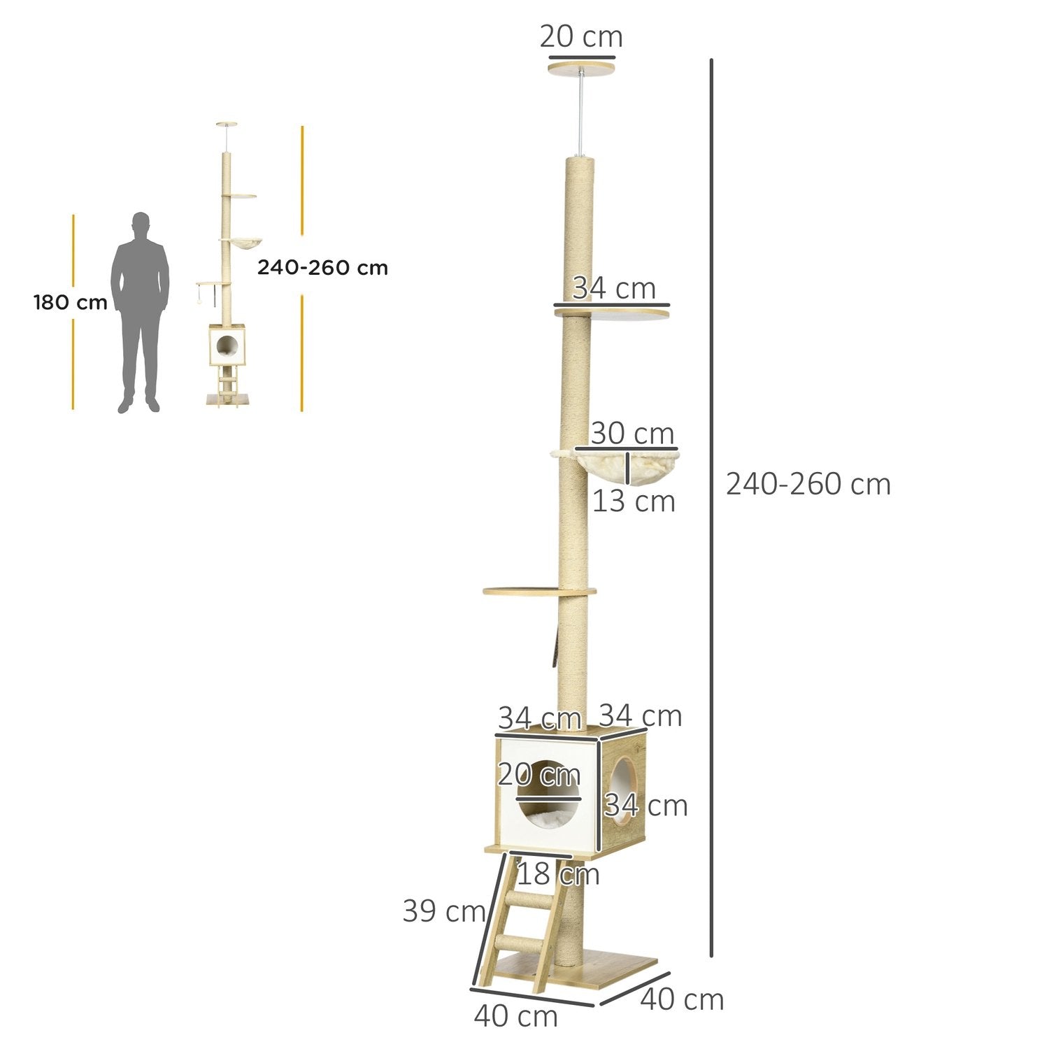 Skrapstolpe Tak Högt 240-260 Cm, Med Katthus & Hängmatta, Ljusbrun + Beige