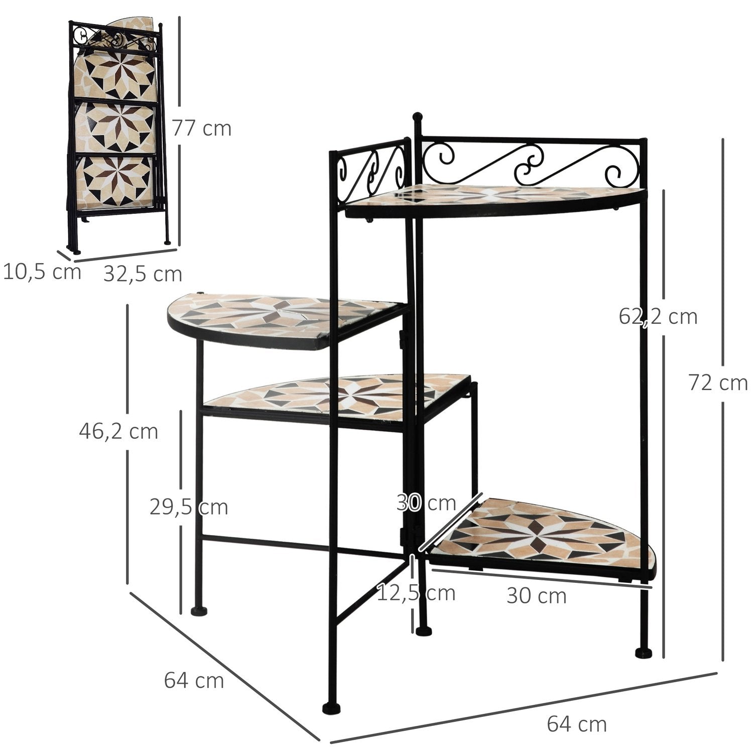 Blomsterstativ 4-trins foldeblomstertrappe til have og altan, metal med keramiske fliser, sort+beige, 64X64X72Cm