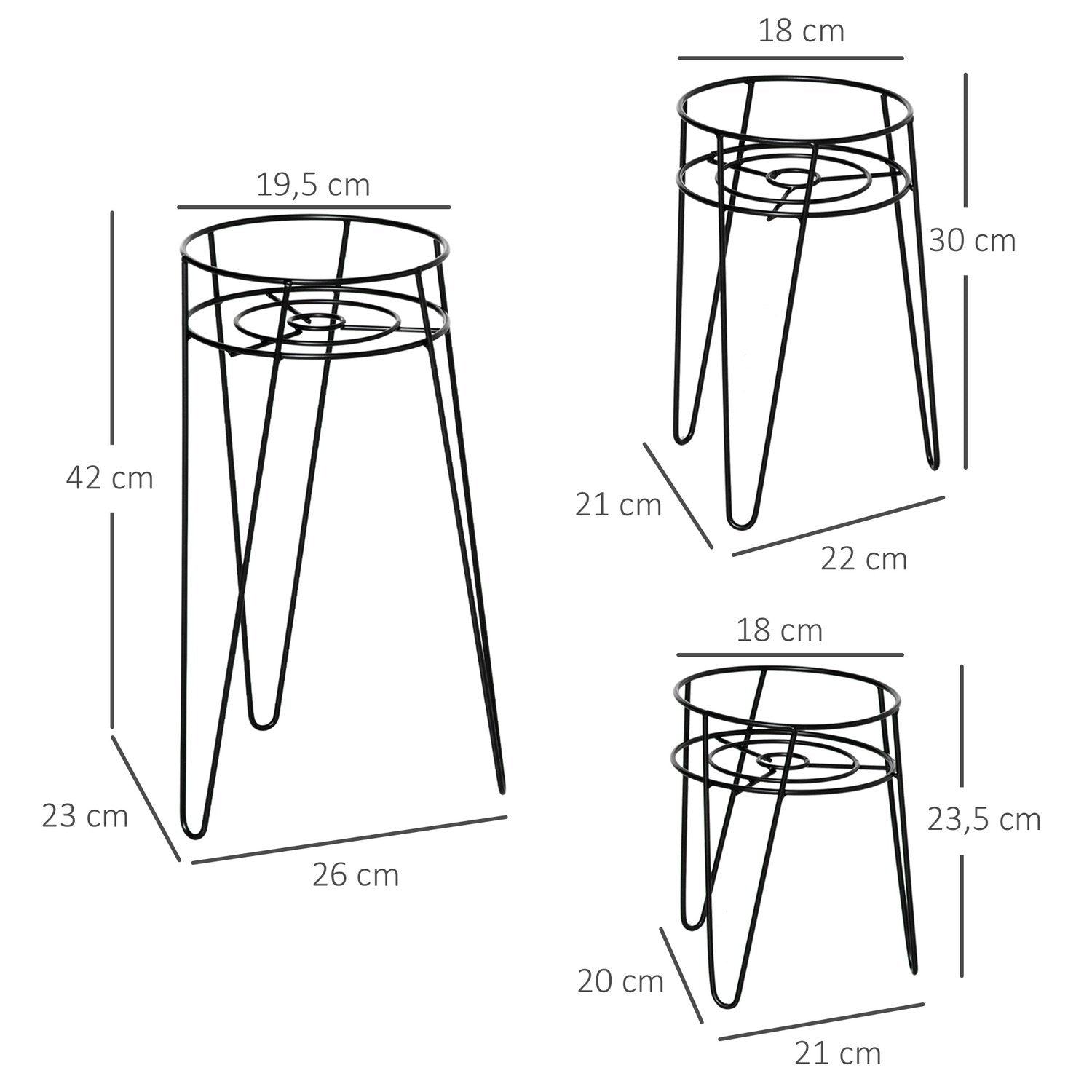 Blomsterstativsæt med 3 metal plantestativsæt Blomsterskammel Urtepotteholder Plantestol til urtepotte Op til Diameter 16 Cm Sort