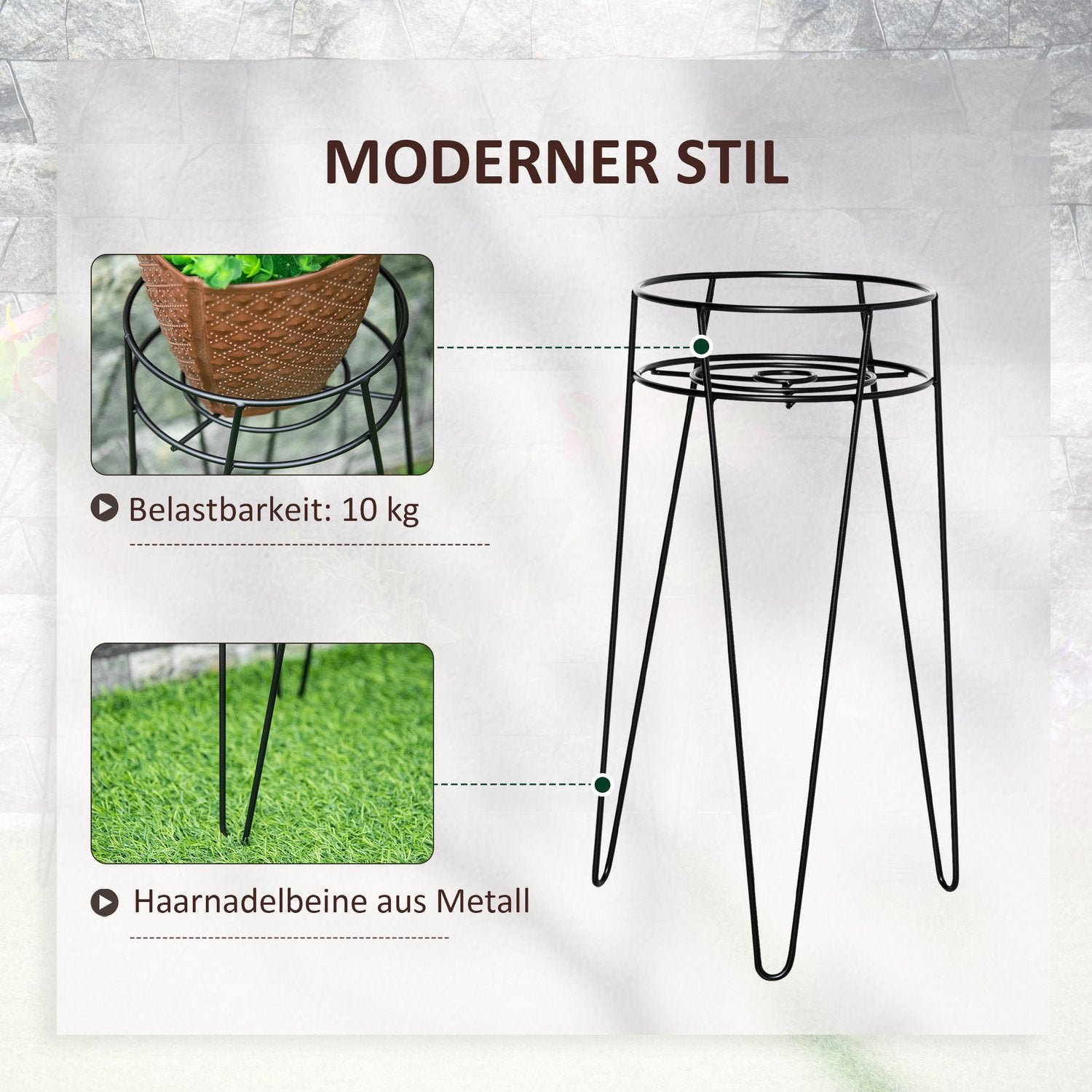 Blomsterstativsæt med 3 metal plantestativsæt Blomsterskammel Urtepotteholder Plantestol til urtepotte Op til Diameter 16 Cm Sort