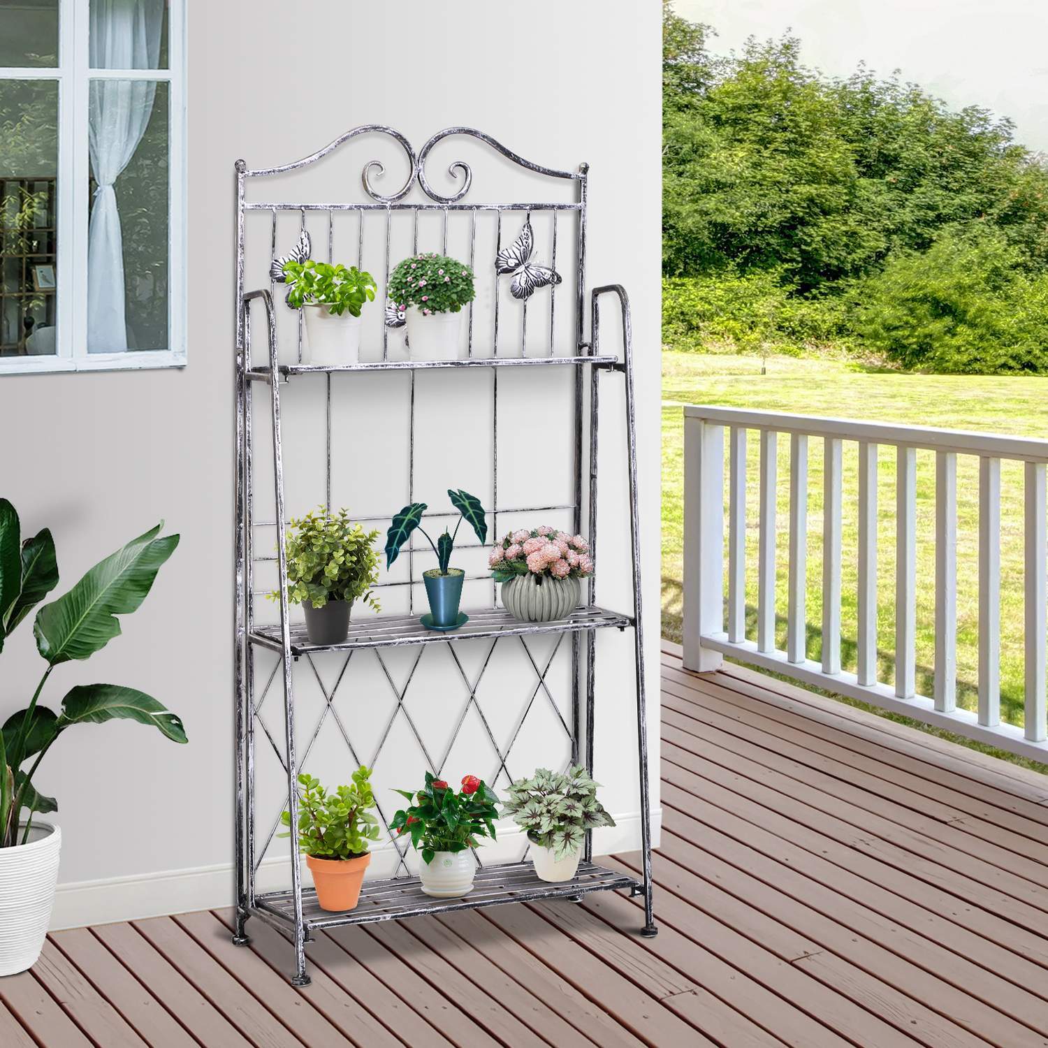 Plant Rack Blomsterställ I Metall Med 3 Nivåer, Blomstrappa För Trädgård, Silvergrå, 44X25X96Cm