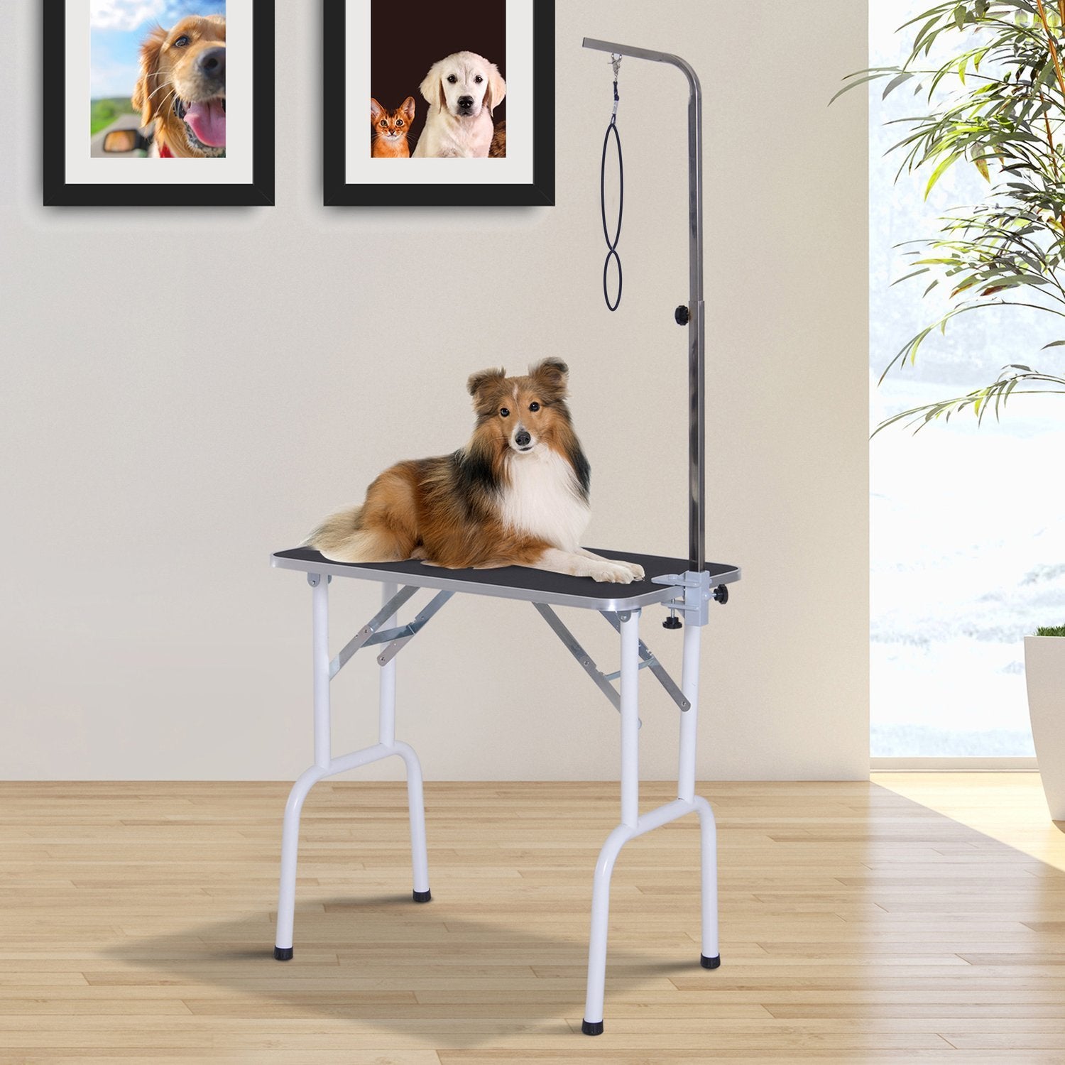 Plejebord Sammenklappeligt striglebord til hunde, klippebord med metalstel, sort, 81X48X80Cm