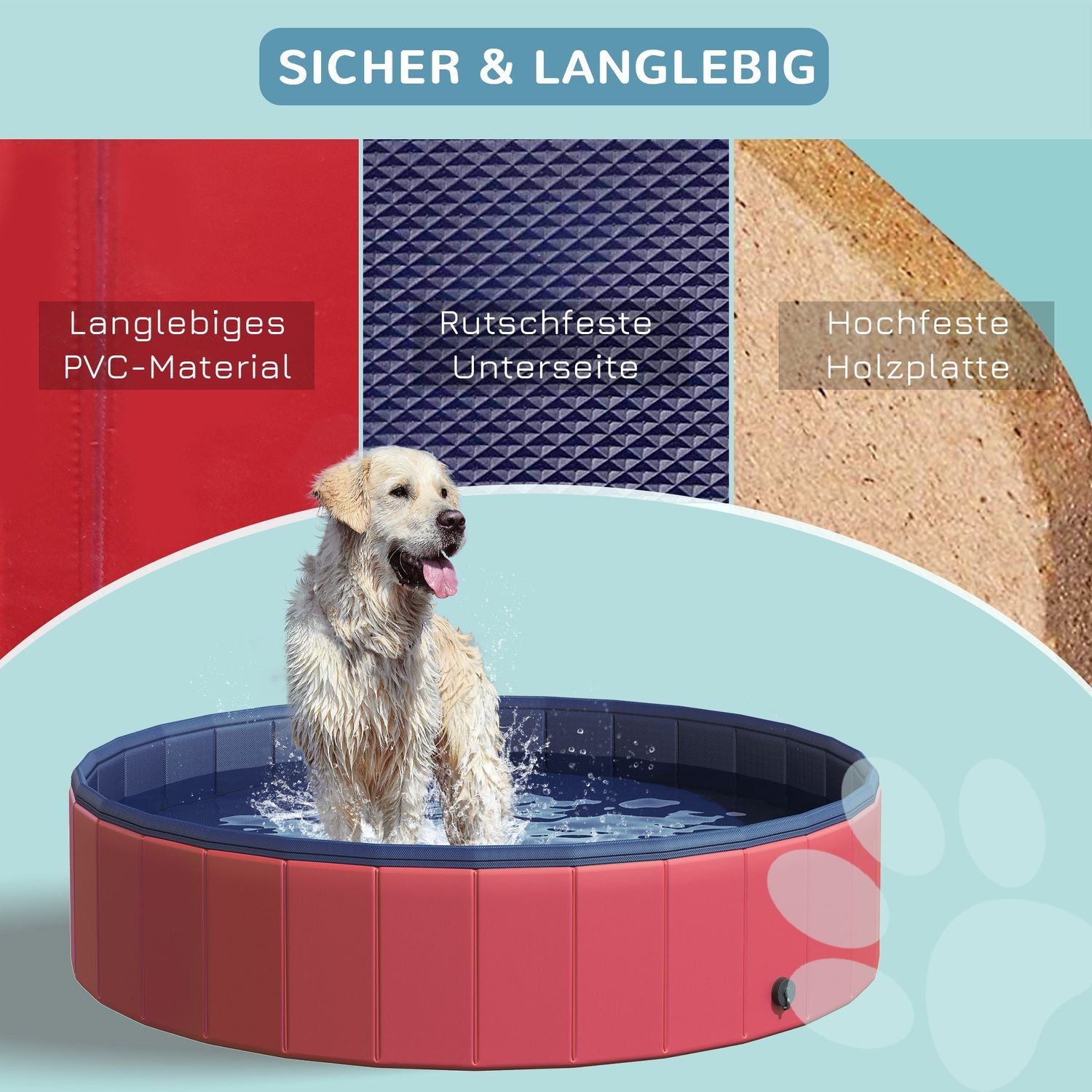 Hundpool Stor Plaskdamm För Hundar, Pool Av Pvc + Trä, Röd, Ø140Xh30 Cm, Sommarnjutning