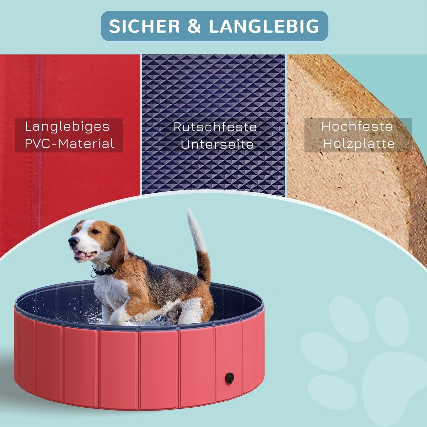 Soppebassin til hunde, pool lavet af PVC + træ, rød, Ø100Xh30 cm, sommersund