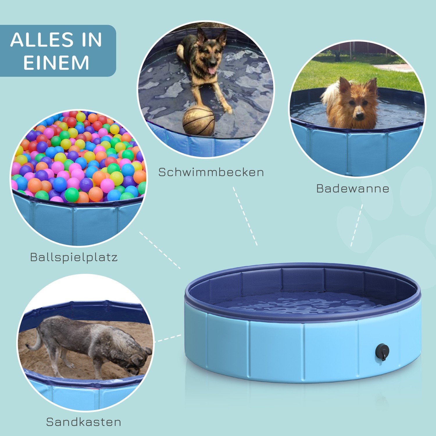 Hundbassäng, Robust Plaskdamm För Hundar, Pool Av Pvc + Trä, Blå, Ø80Xh20 Cm, Sommarnöje