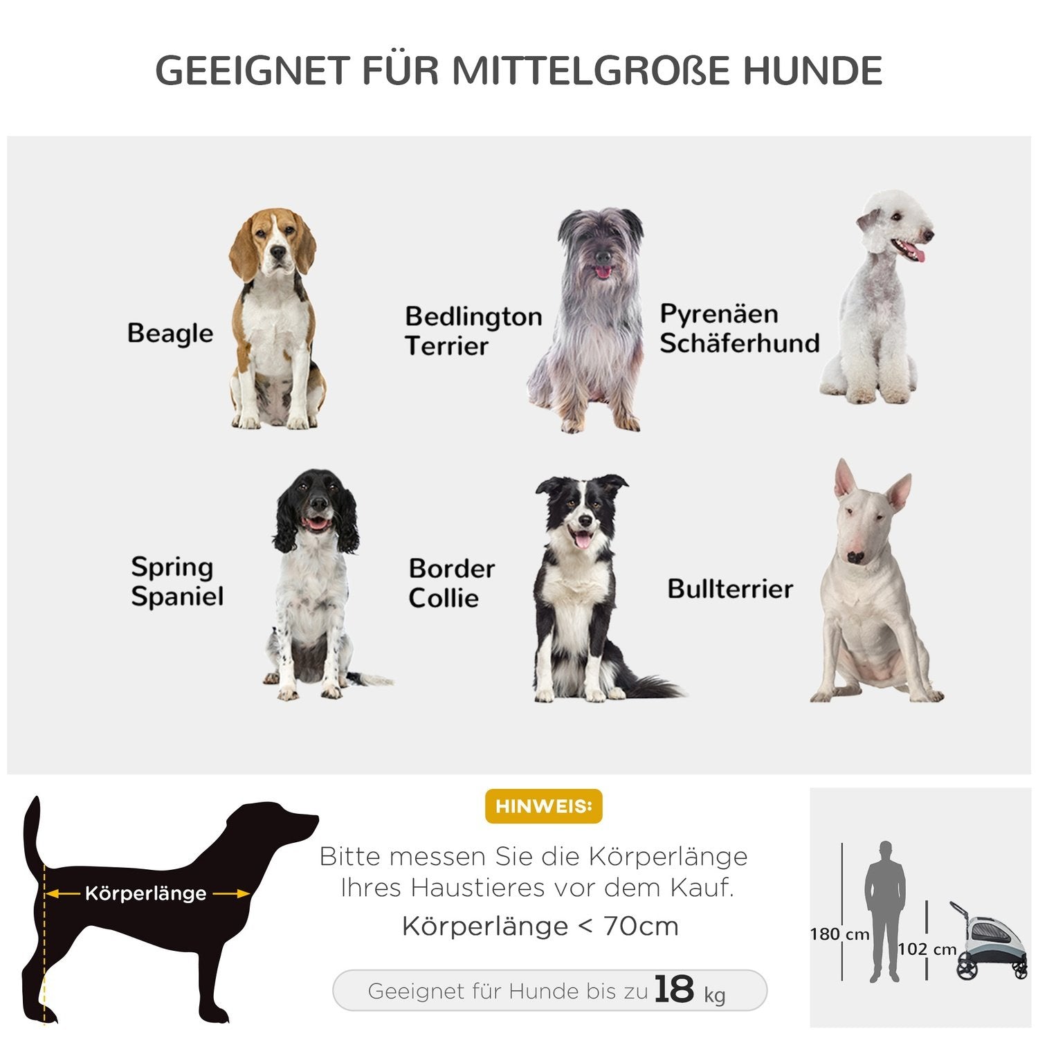 Hundeklapvogn Alsidig hundeklapvogn med 4 hjul, netvindue, sidelomme, foldbar, til små/mellemstore hunde og katte, Oxford klud, Grå+sort, 107X67X102Cm