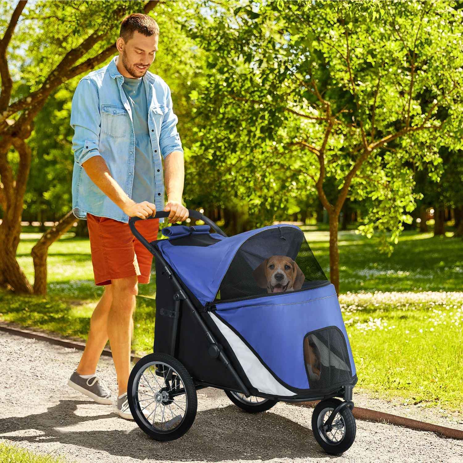 Hundvagn Dog Buggy Mesh Fönster Fällbart Kattvagn Säkerhetskoppel Stora Gummihjul Upp Till 30 Kg Oxford Blue