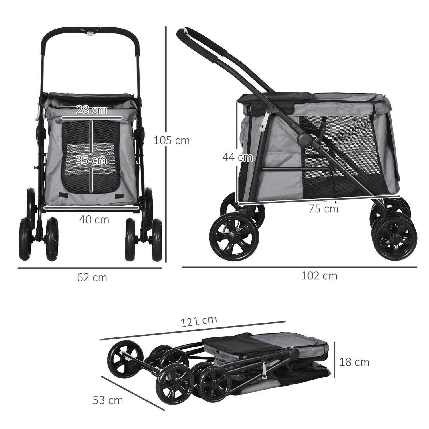 Hundeklapvogn, Sammenfoldelig Hundeklapvogn, Hundeklapvogn med pude, Kattevogn op til 20 kg, Kattevogn, Meshvindue, Oxfordstof, Grå+Sort