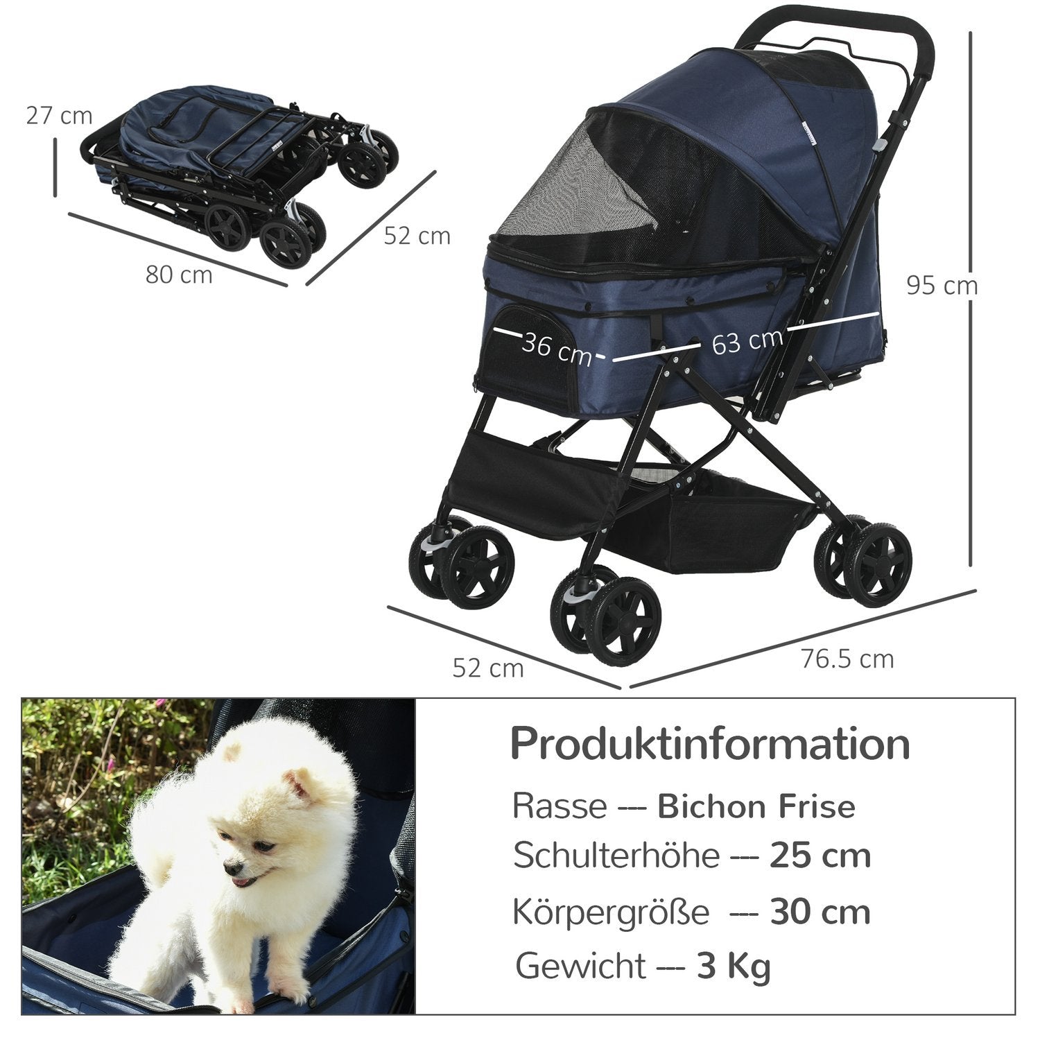 Kæledyrsvogn Kat Buggy Oxford Blå 76,5X52X95Cm Små hunde og katte