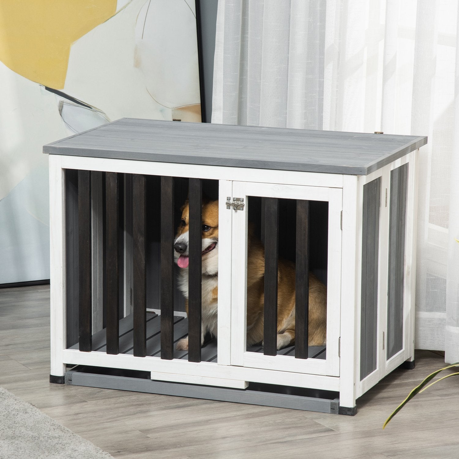 Dog Kennel Hopfällbar Hundbur Gran Trä Fönster Transportlåda Grå 84,5X51,4X61Cm