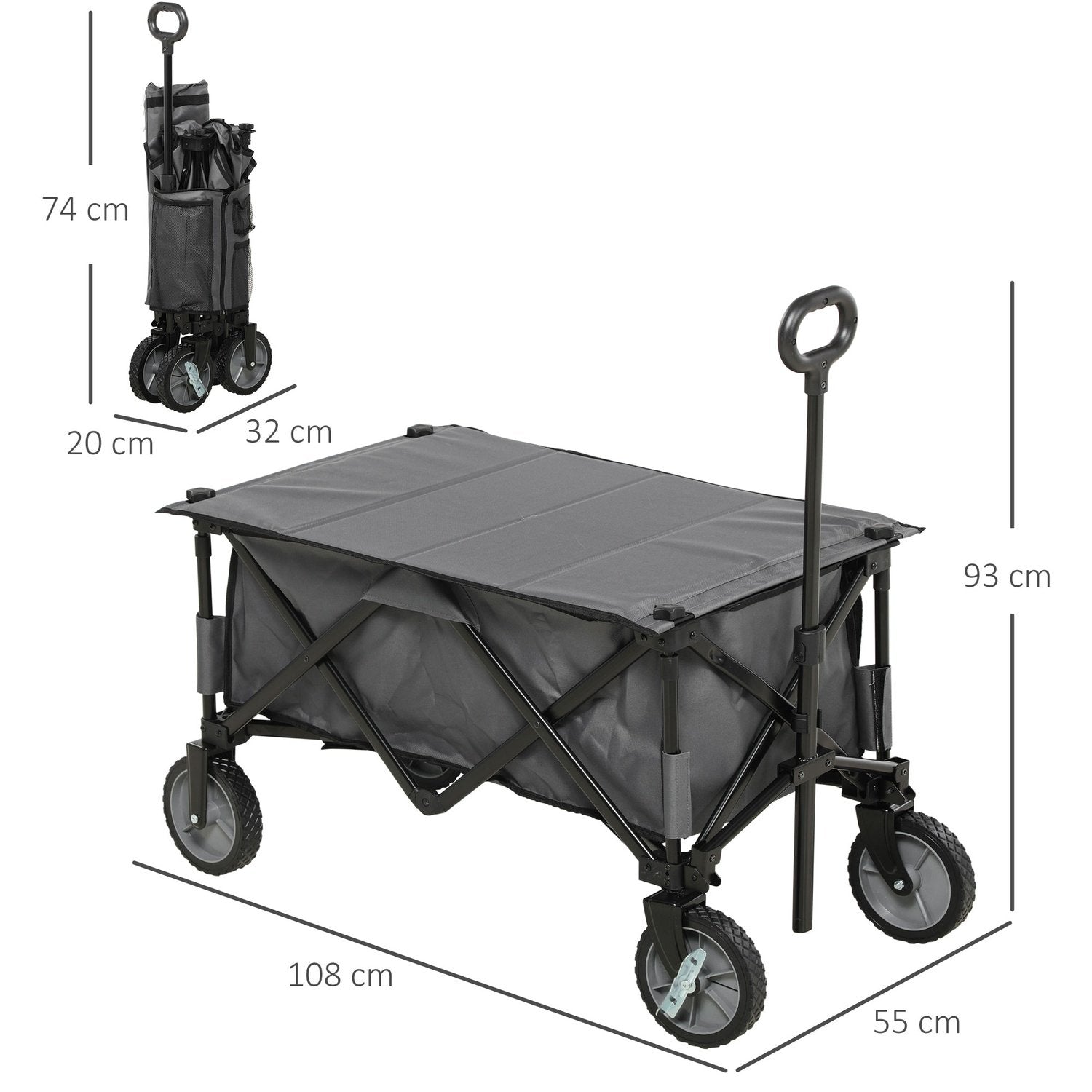 Håndvogn, foldbar transportvogn med justerbart håndtag, havevogn med sidelommer og foldebræt, bæreevne op til 120 kg, mørkegrå