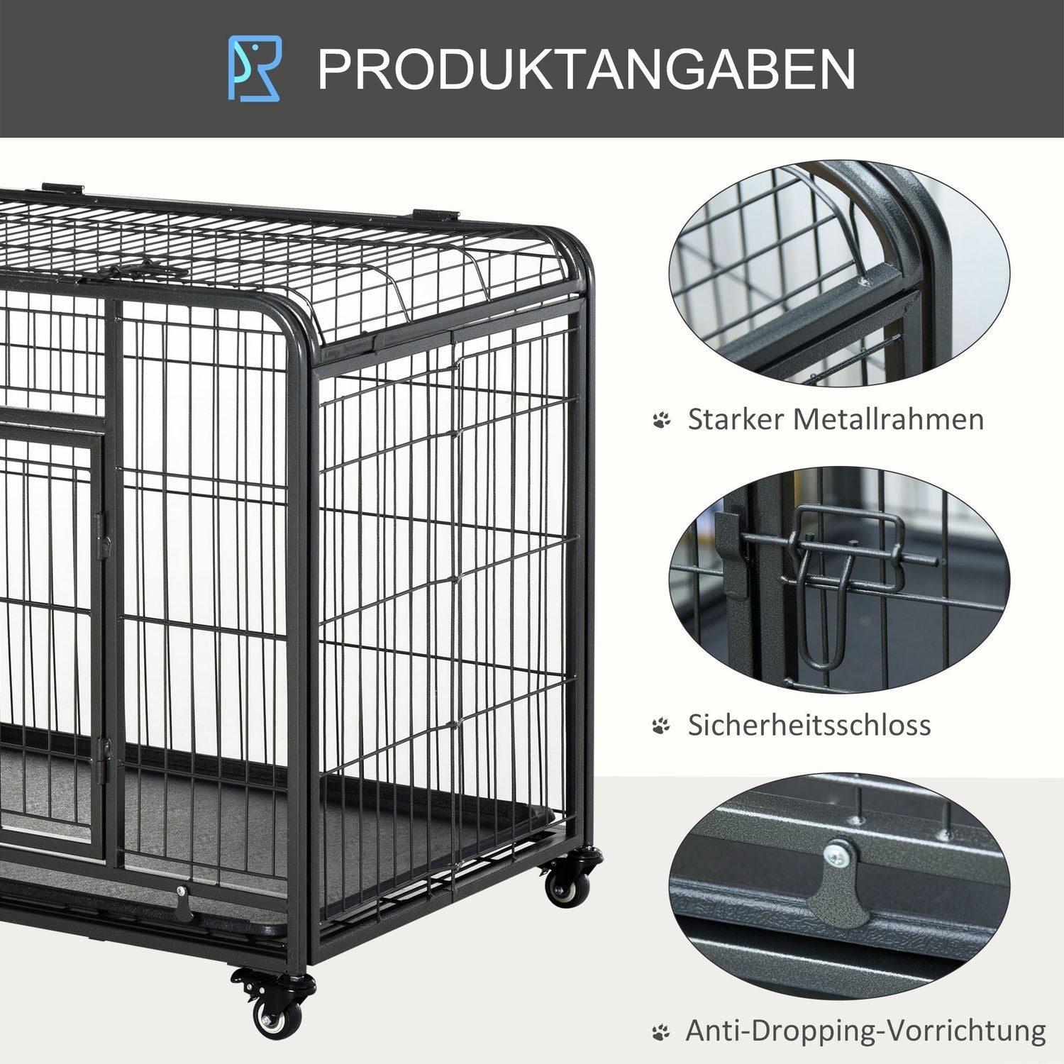 Transportkasse Sammenfoldelig transportbur med hjul, 2 låsbare døre, metal, grå+sort, 94X58X69,5 cm