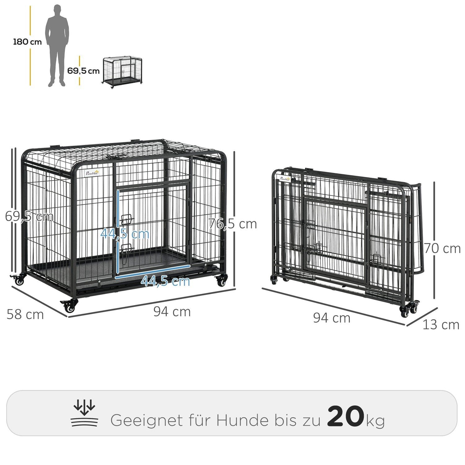 Transportkasse Sammenfoldelig transportbur med hjul, 2 låsbare døre, metal, grå+sort, 94X58X69,5 cm