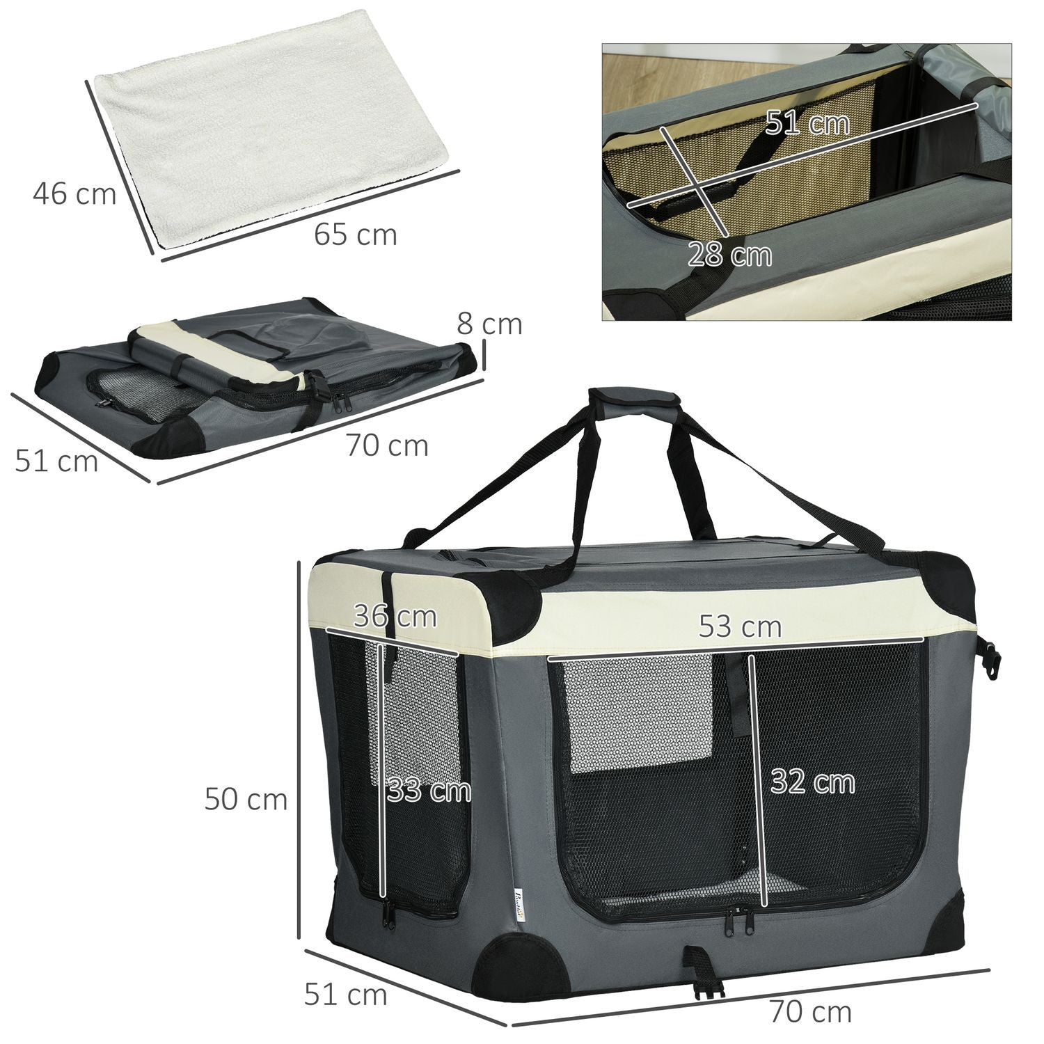 Hundetaske Transporttaske Sammenfoldelig Hundeboks Med Pude Til Små Hunde Udendørs Oxford Stof Grå + Sort 70 X 51 X 50 Cm