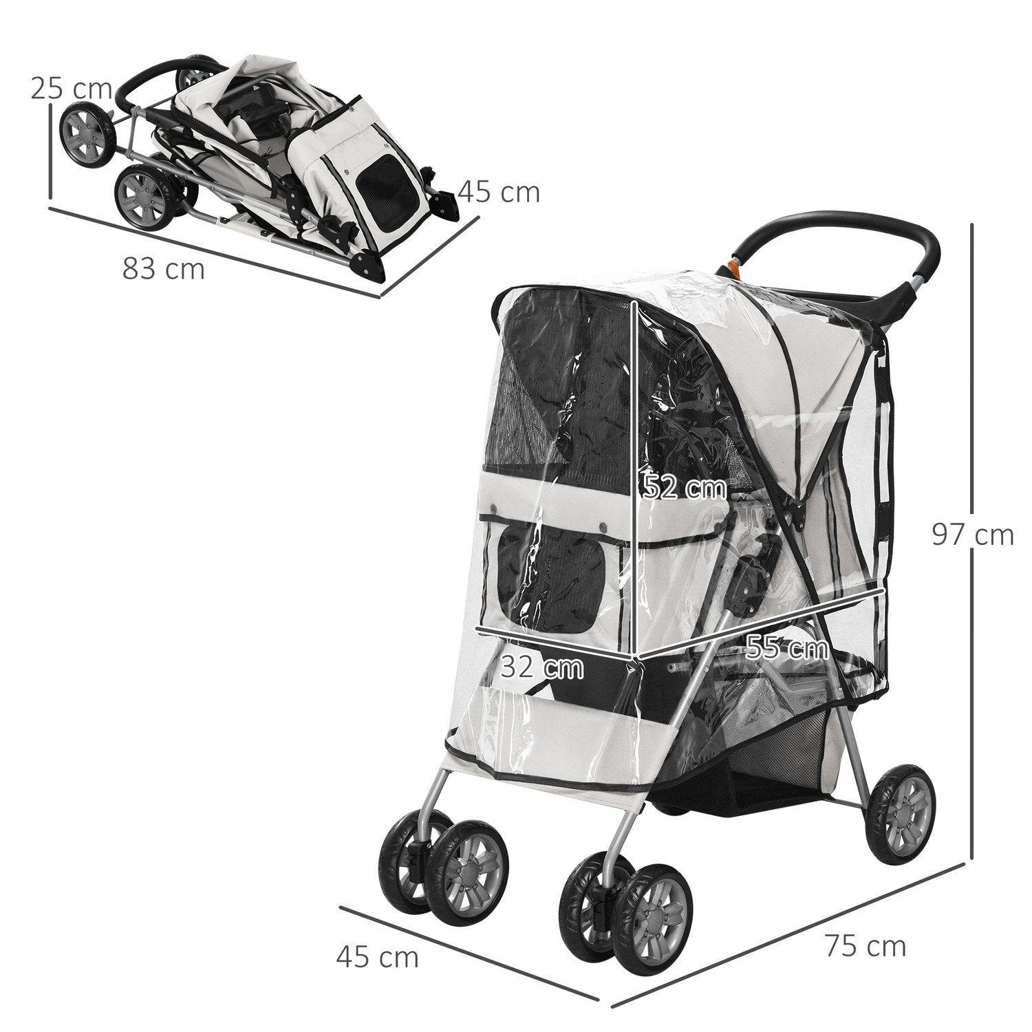 Hundeklapvogn Hundeklapvogn med regnslag, foldbar hundeklapvogn op til 20 kg, grå, med kopholder og netvindue, 75X45X97Cm