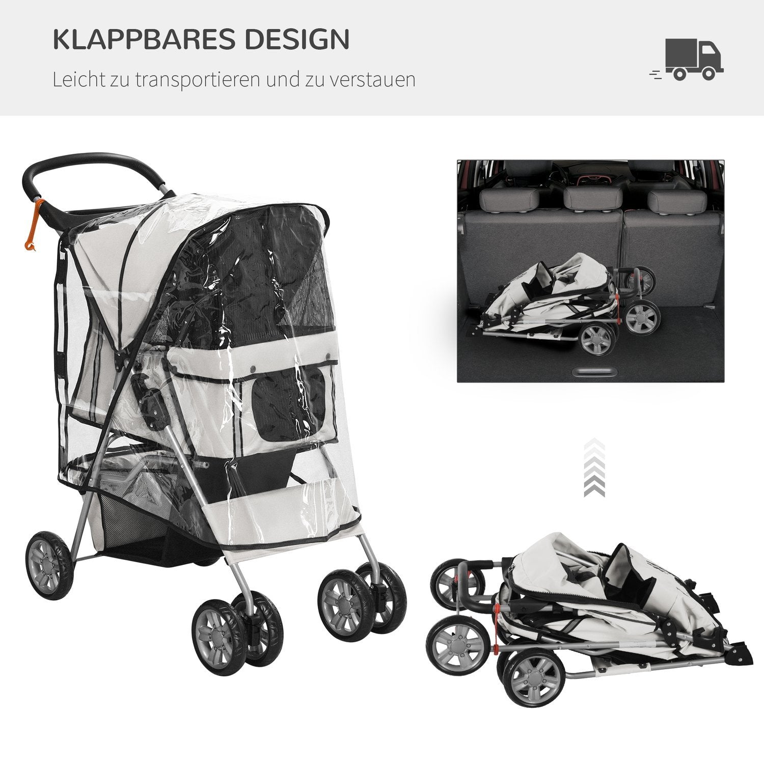 Hundeklapvogn Hundeklapvogn med regnslag, foldbar hundeklapvogn op til 20 kg, grå, med kopholder og netvindue, 75X45X97Cm