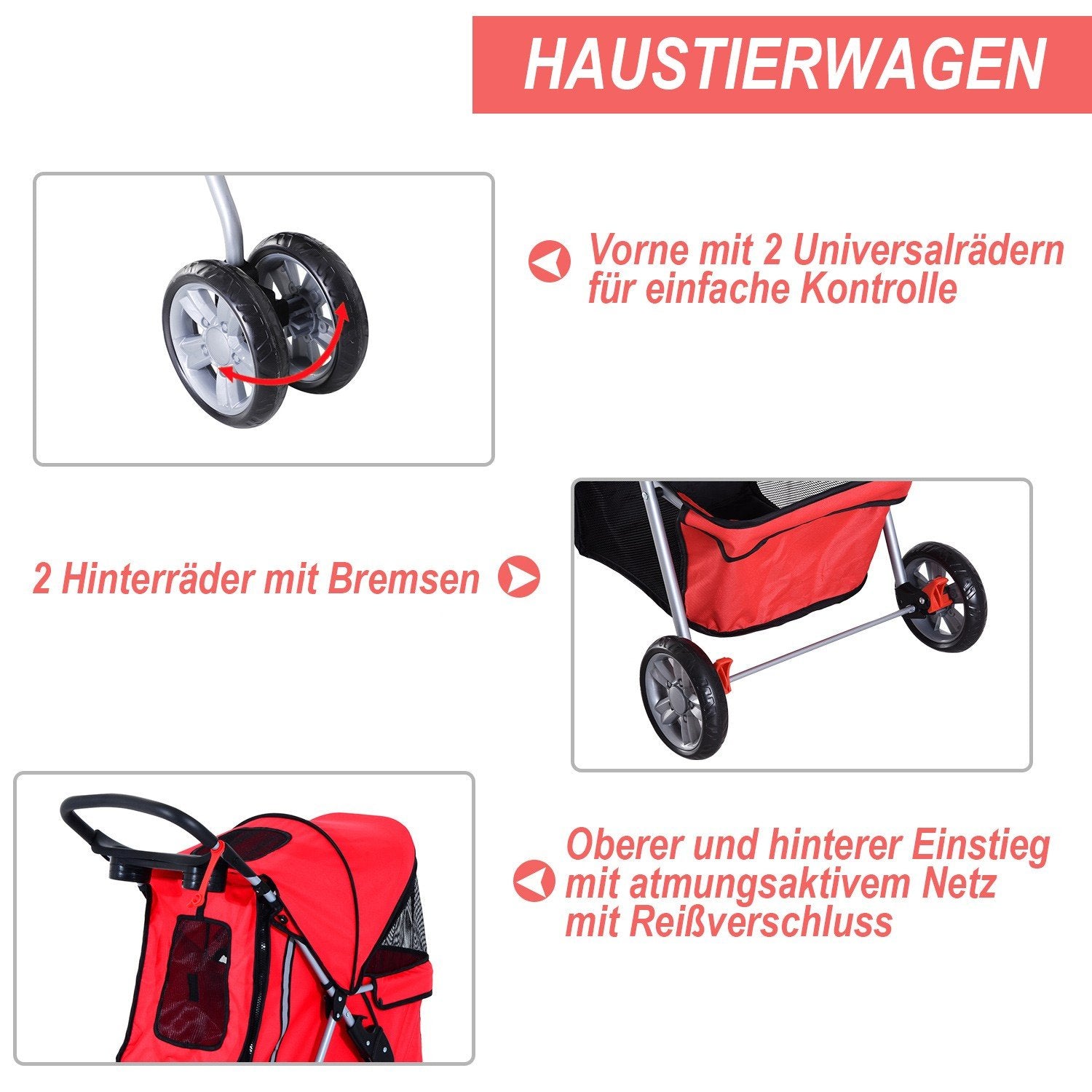 Dog Buggy Dog Cart I Röd, Hundvagn Buggy Stroller Jogger Trailer, Lätt & Hopfällbar