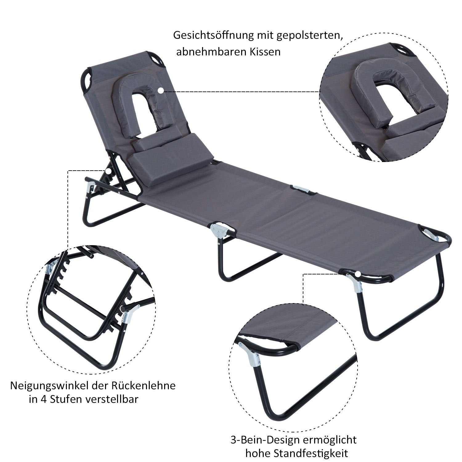 Solstol, Trädgårdsstol, Trebent Solstol, Relaxsäng Med Läsfönster, Ansiktsöppning, Grå