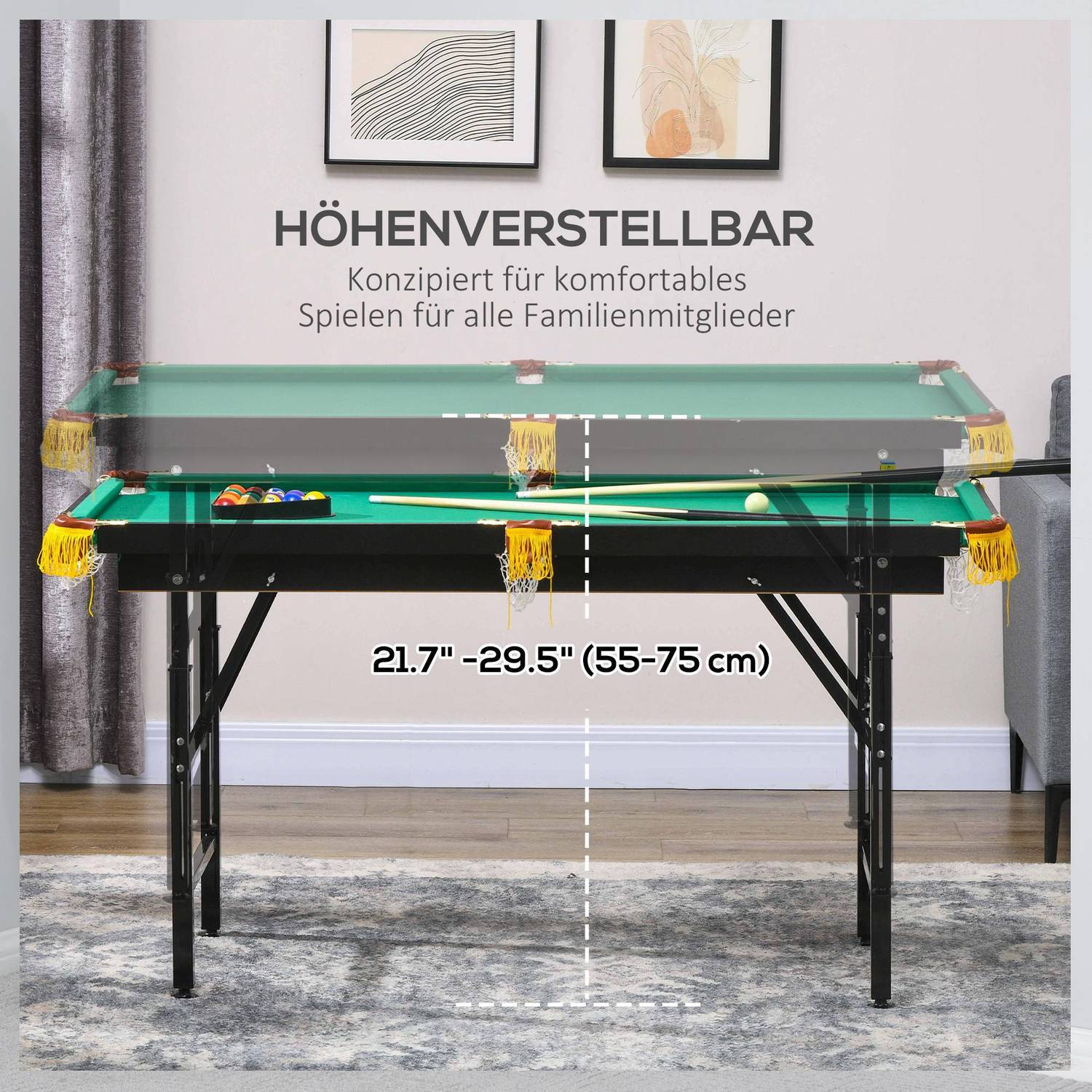 Poolbord 4,6 fødder folde 140 X 60 X 55-75 Cm Bordpool med tilbehør, trekant, 2 køn, 16 bolde til ungdom, voksne, stål, grøn