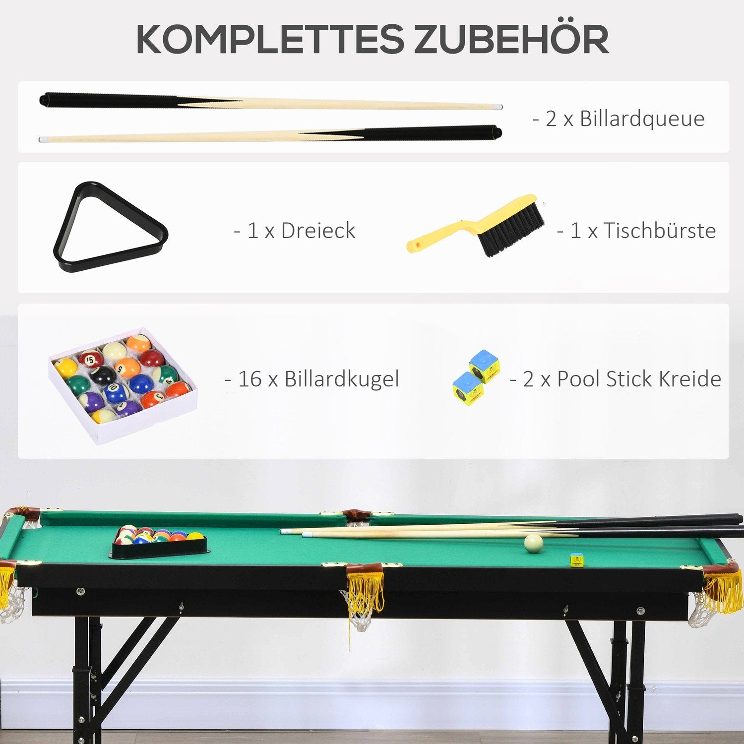 Poolbord 4,6 fødder folde 140 X 60 X 55-75 Cm Bordpool med tilbehør, trekant, 2 køn, 16 bolde til ungdom, voksne, stål, grøn