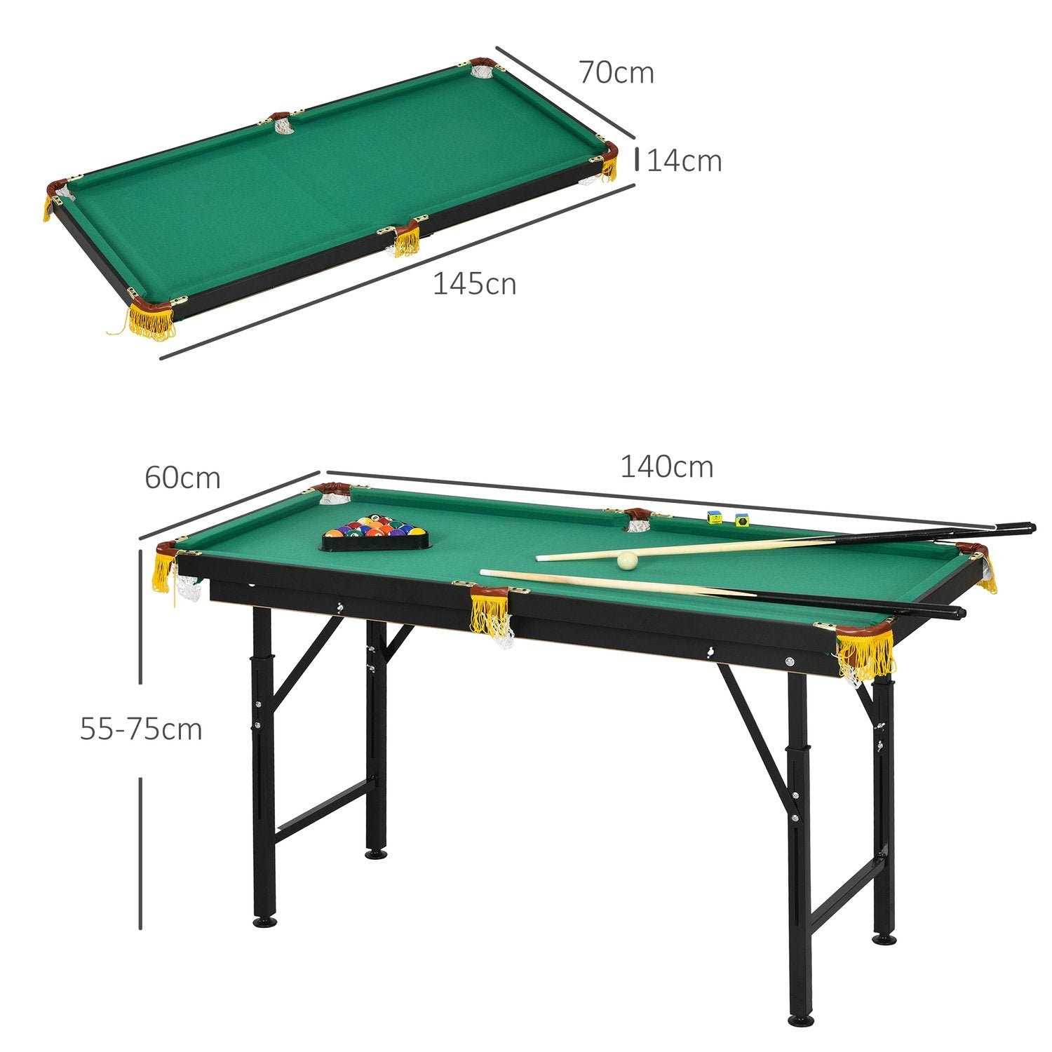 Poolbord 4,6 fødder folde 140 X 60 X 55-75 Cm Bordpool med tilbehør, trekant, 2 køn, 16 bolde til ungdom, voksne, stål, grøn