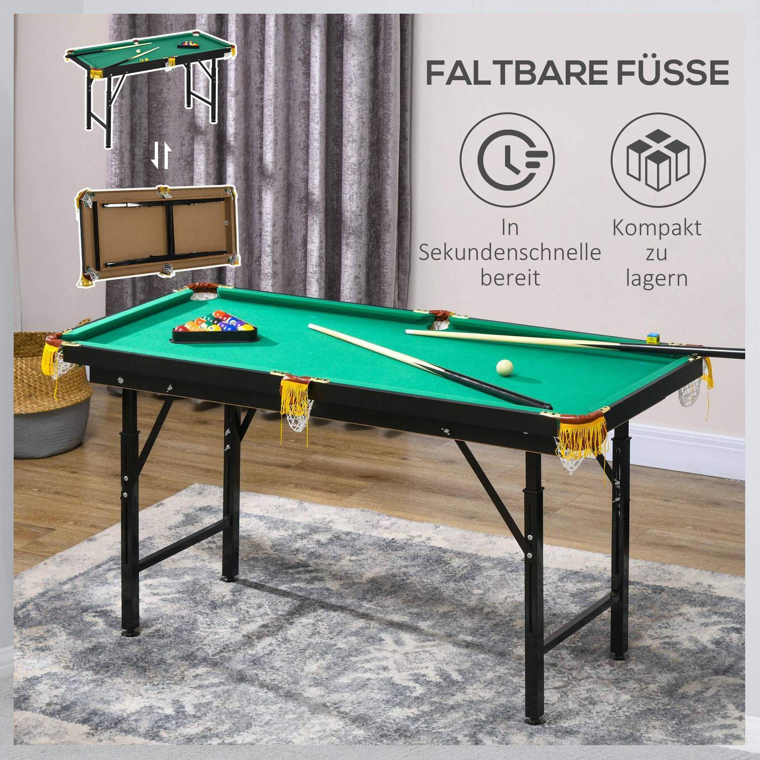 Poolbord 4,6 fødder folde 140 X 60 X 55-75 Cm Bordpool med tilbehør, trekant, 2 køn, 16 bolde til ungdom, voksne, stål, grøn