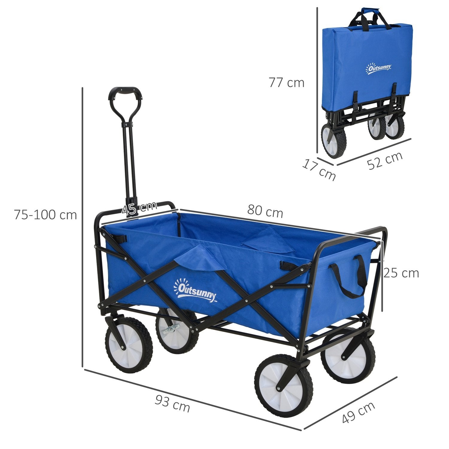 Håndvogn, Sammenfoldelig Håndvogn, 360° Havevogn, Transportvogn, Strandvogn, Stålramme, Oxford, 93 X 49 X 75-100 Cm